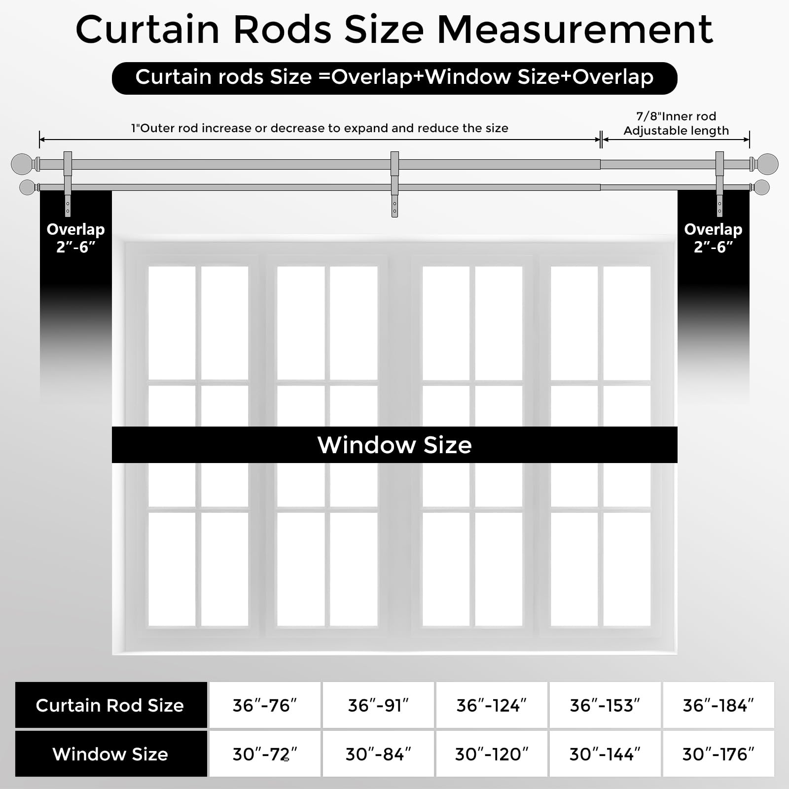 Double Curtain Rod, 1 Inch Black Dual Curtain Rods for Windows 30 to 72 Inch, Decorative Adjustable Heavy Duty Telescopic Spliced Window Treatment Rods Set for Bedroom Living Room Farmhouse - Martin Corner Bedding