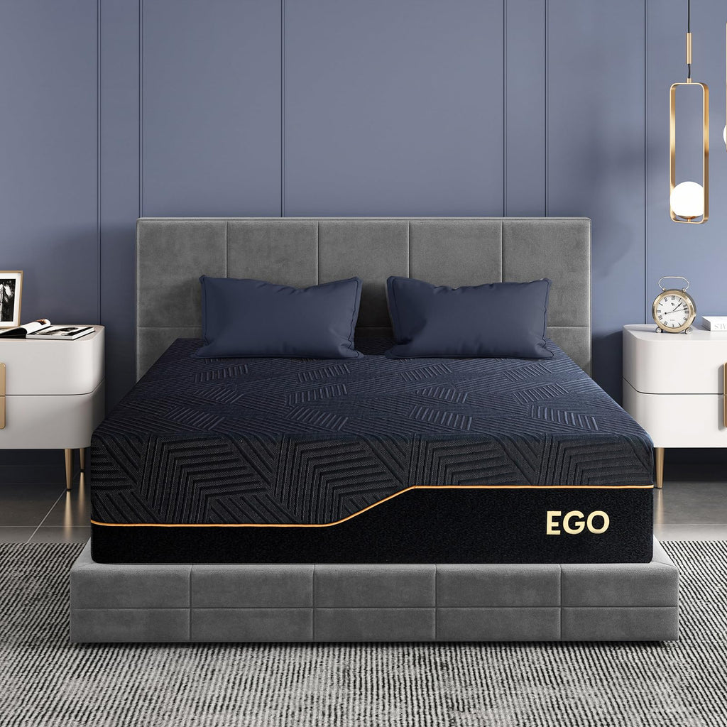 EGOHOME 14 Inch King Size Memory Foam Mattress for Back Pain, Cooling Copper Gel Bed in a Box, Foam Made in USA, CertiPUR - US Certified, Therapeutic Medium Firm, 76x80x14 Black - Martin Corner Bedding