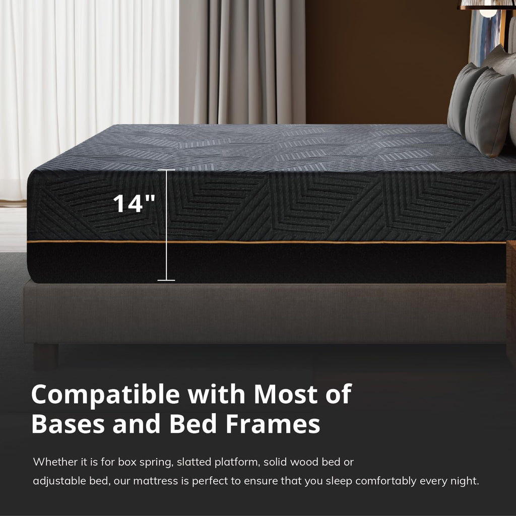 EGOHOME 14 Inch King Size Memory Foam Mattress for Back Pain, Cooling Copper Gel Bed in a Box, Foam Made in USA, CertiPUR - US Certified, Therapeutic Medium Firm, 76x80x14 Black - Martin Corner Bedding