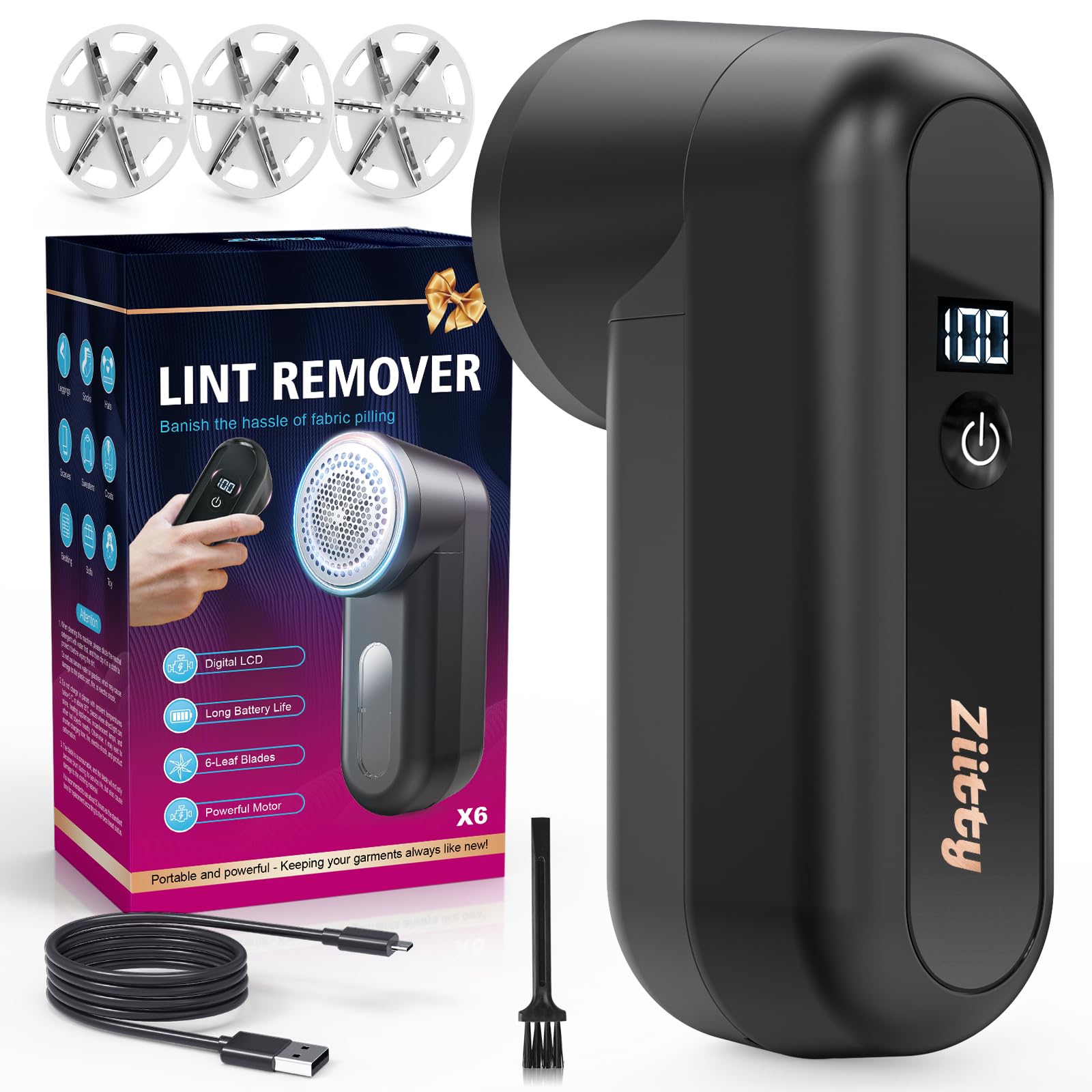 Fabric Shaver, Ziitty Lint Remover for Clothes, Type - C Rechargeable Lint Shaver with LCD Display & 6 - Blade, Sweater Shavers to Remove Pilling，Fuzz Remover Fabric Shaver for Clothing and Furniture - Martin Corner Bedding
