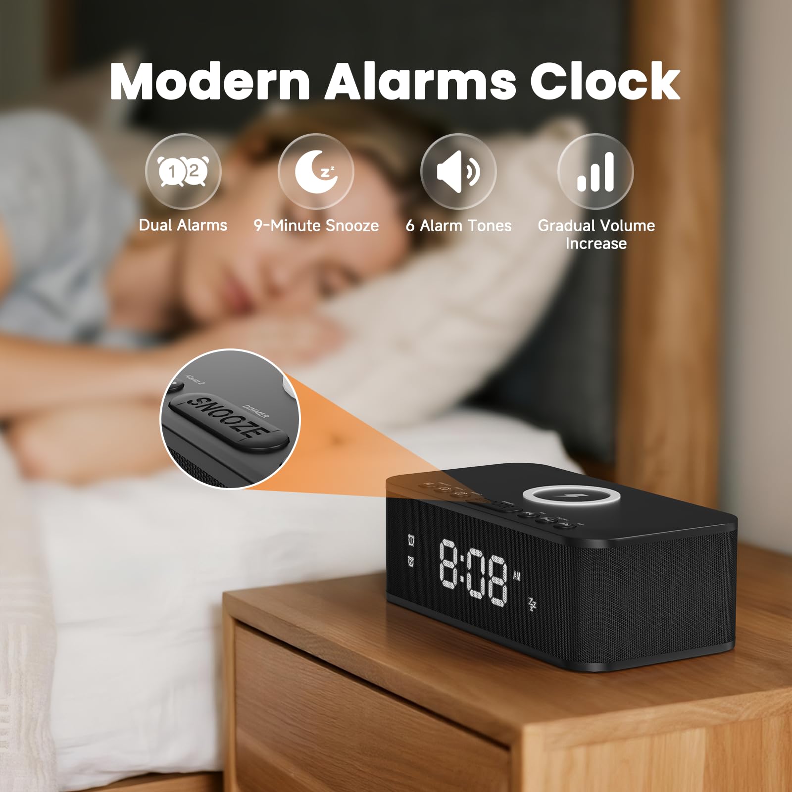 Fansbe Direct Digital Alarm Clock White Noise, Loud Digital Alarm Clocks Bedrooms, Alarm Clock Speaker Wireless Charger AUX USB Bluetooth Speaker 12/24H Dual Alarm Snooze Adjustable Brightness, Black - Martin Corner Bedding