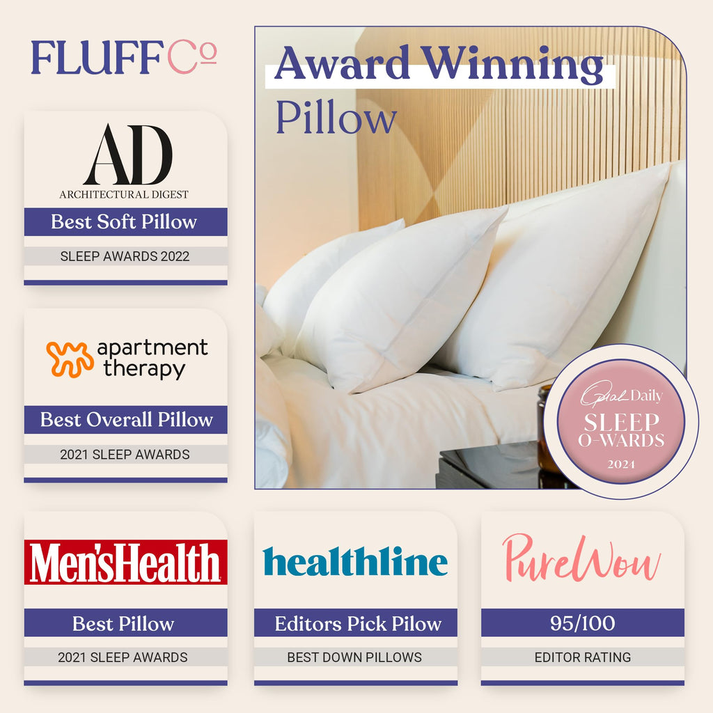 FluffCo Zen Fluff™ Down Standard/Queen Pillow with 600 Fill Power White Duck Down Stomach Sleeper Pillows - Luxury Hotel Quality 300 Thread Count - 100% Cotton Feather Pillows (Queen Size 1 Pack) - Martin Corner Bedding