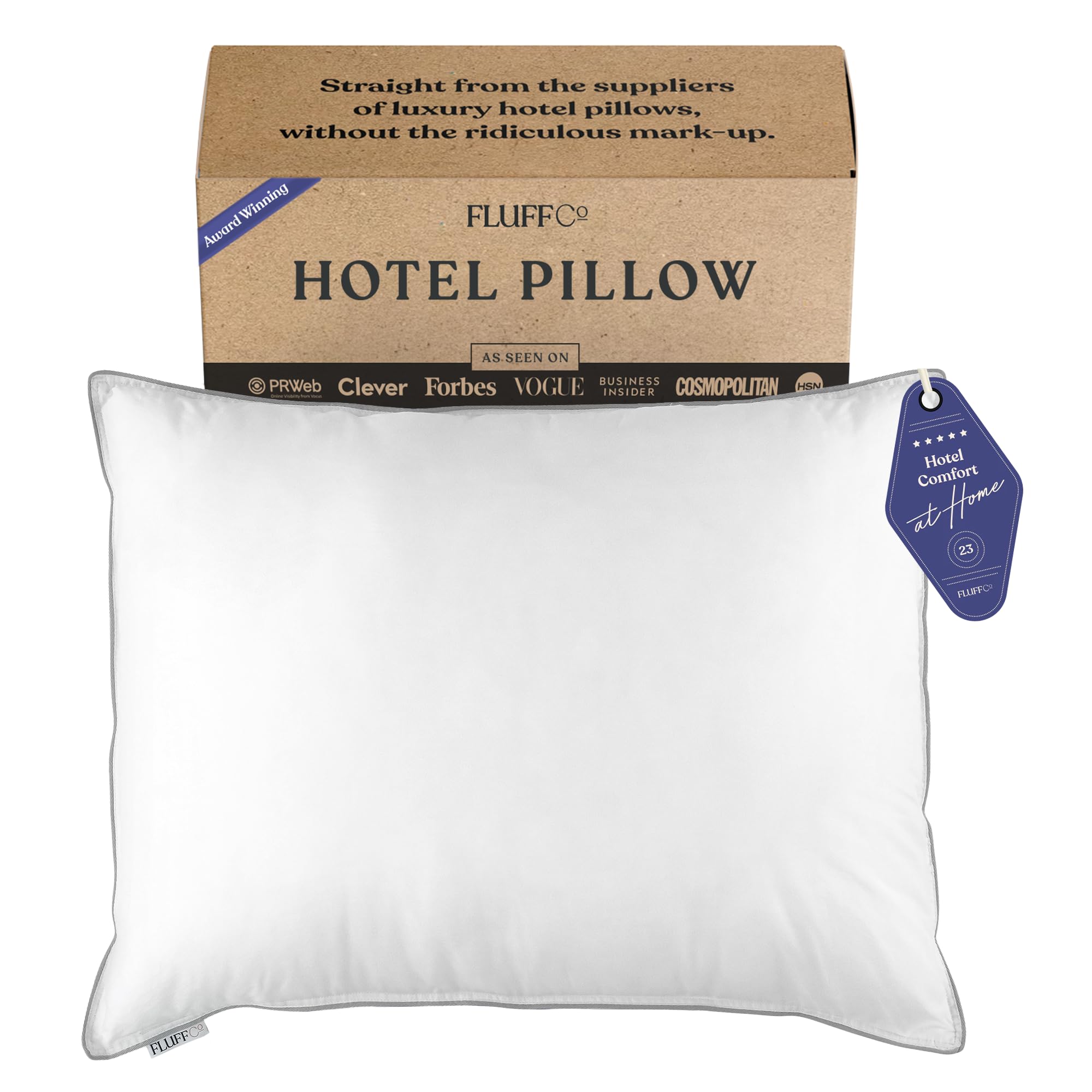 FluffCo Zen Fluff™ Down Standard/Queen Pillow with 600 Fill Power White Duck Down Stomach Sleeper Pillows - Luxury Hotel Quality 300 Thread Count - 100% Cotton Feather Pillows (Queen Size 1 Pack) - Martin Corner Bedding