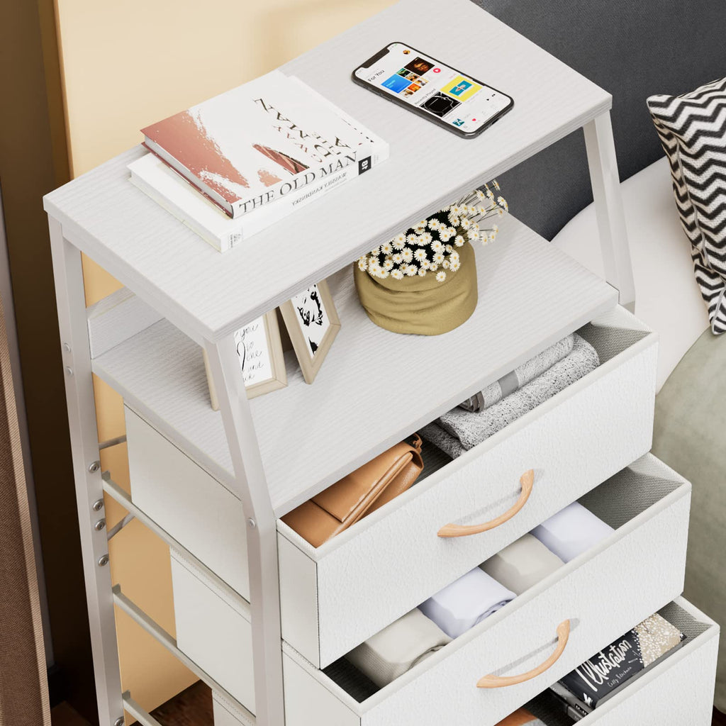 Furnulem White Dresser with 5 Drawers, Vertical Storage Tower Fabric Dresser for Bedroom, Hallway, Entryway, Nursery, Closet Organizer, Nightstand Bedside Table Furniture, Sturdy Steel Frame, Wood Top - Martin Corner Bedding
