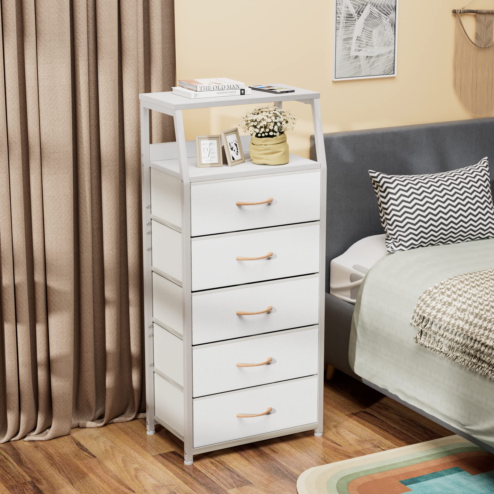 Furnulem White Dresser with 5 Drawers, Vertical Storage Tower Fabric Dresser for Bedroom, Hallway, Entryway, Nursery, Closet Organizer, Nightstand Bedside Table Furniture, Sturdy Steel Frame, Wood Top - Martin Corner Bedding