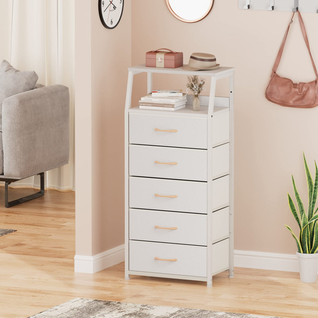 Furnulem White Dresser with 5 Drawers, Vertical Storage Tower Fabric Dresser for Bedroom, Hallway, Entryway, Nursery, Closet Organizer, Nightstand Bedside Table Furniture, Sturdy Steel Frame, Wood Top - Martin Corner Bedding