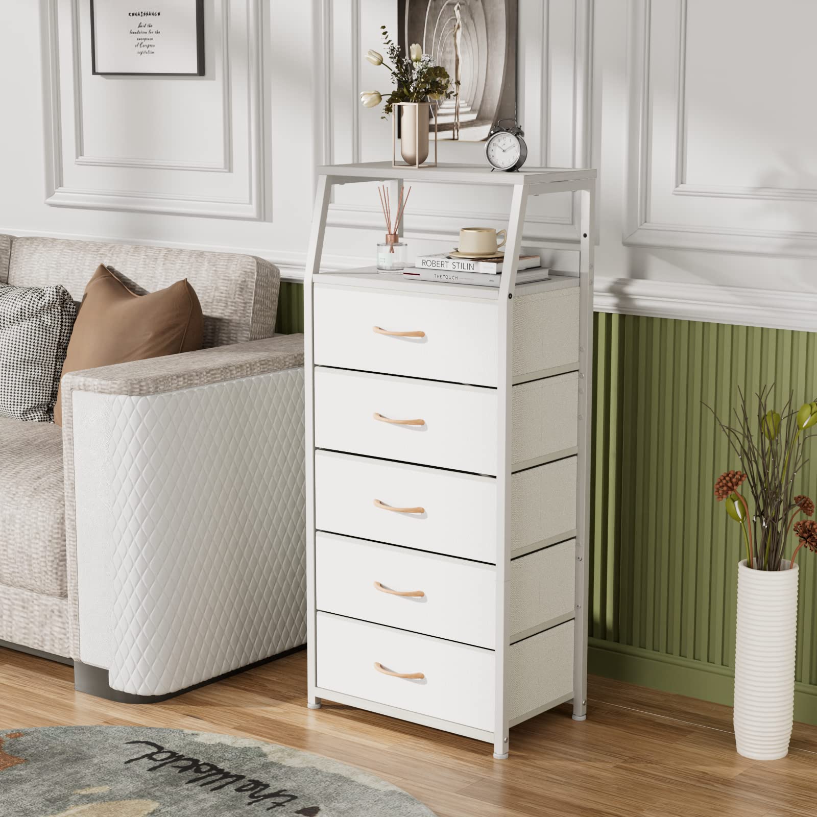 Furnulem White Dresser with 5 Drawers, Vertical Storage Tower Fabric Dresser for Bedroom, Hallway, Entryway, Nursery, Closet Organizer, Nightstand Bedside Table Furniture, Sturdy Steel Frame, Wood Top - Martin Corner Bedding