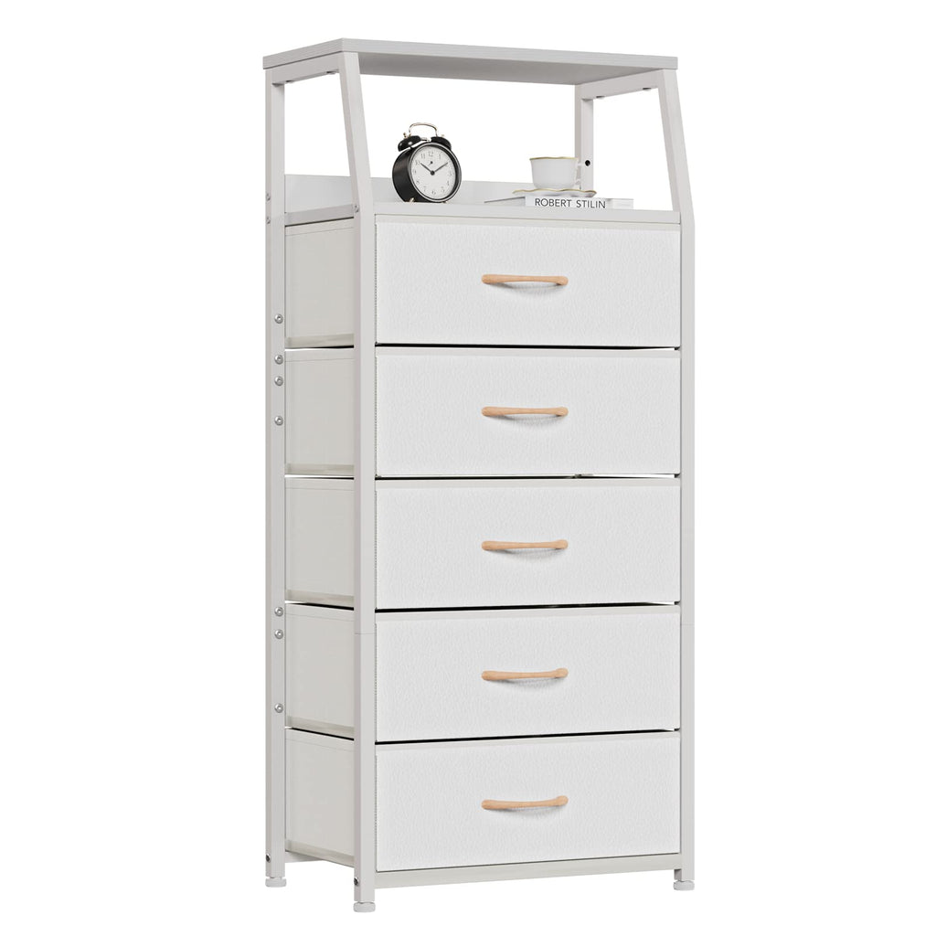 Furnulem White Dresser with 5 Drawers, Vertical Storage Tower Fabric Dresser for Bedroom, Hallway, Entryway, Nursery, Closet Organizer, Nightstand Bedside Table Furniture, Sturdy Steel Frame, Wood Top - Martin Corner Bedding
