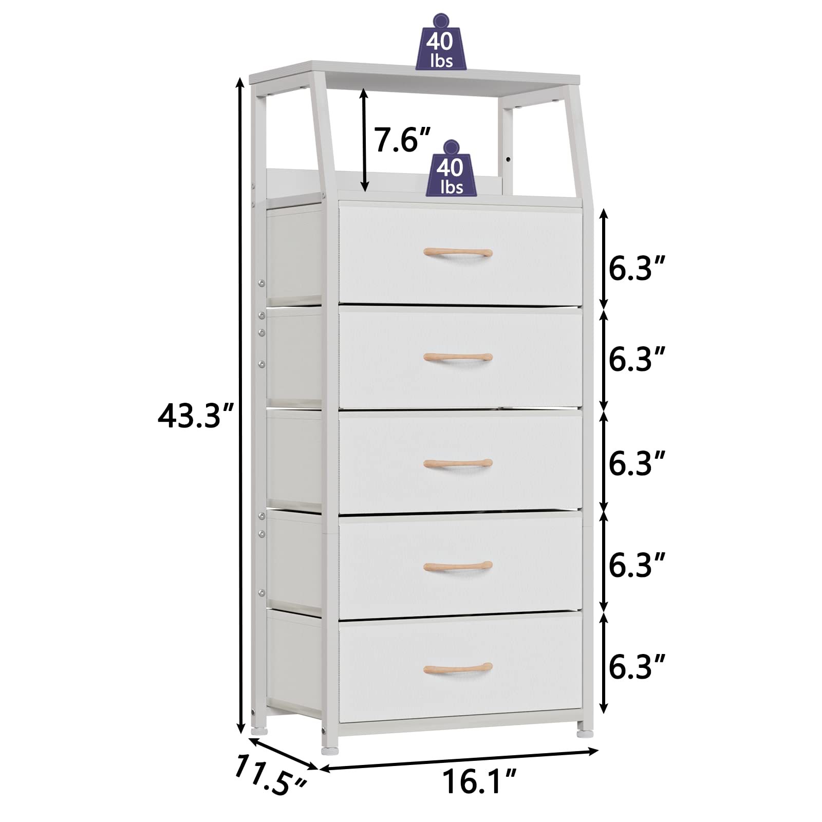 Furnulem White Dresser with 5 Drawers, Vertical Storage Tower Fabric Dresser for Bedroom, Hallway, Entryway, Nursery, Closet Organizer, Nightstand Bedside Table Furniture, Sturdy Steel Frame, Wood Top - Martin Corner Bedding