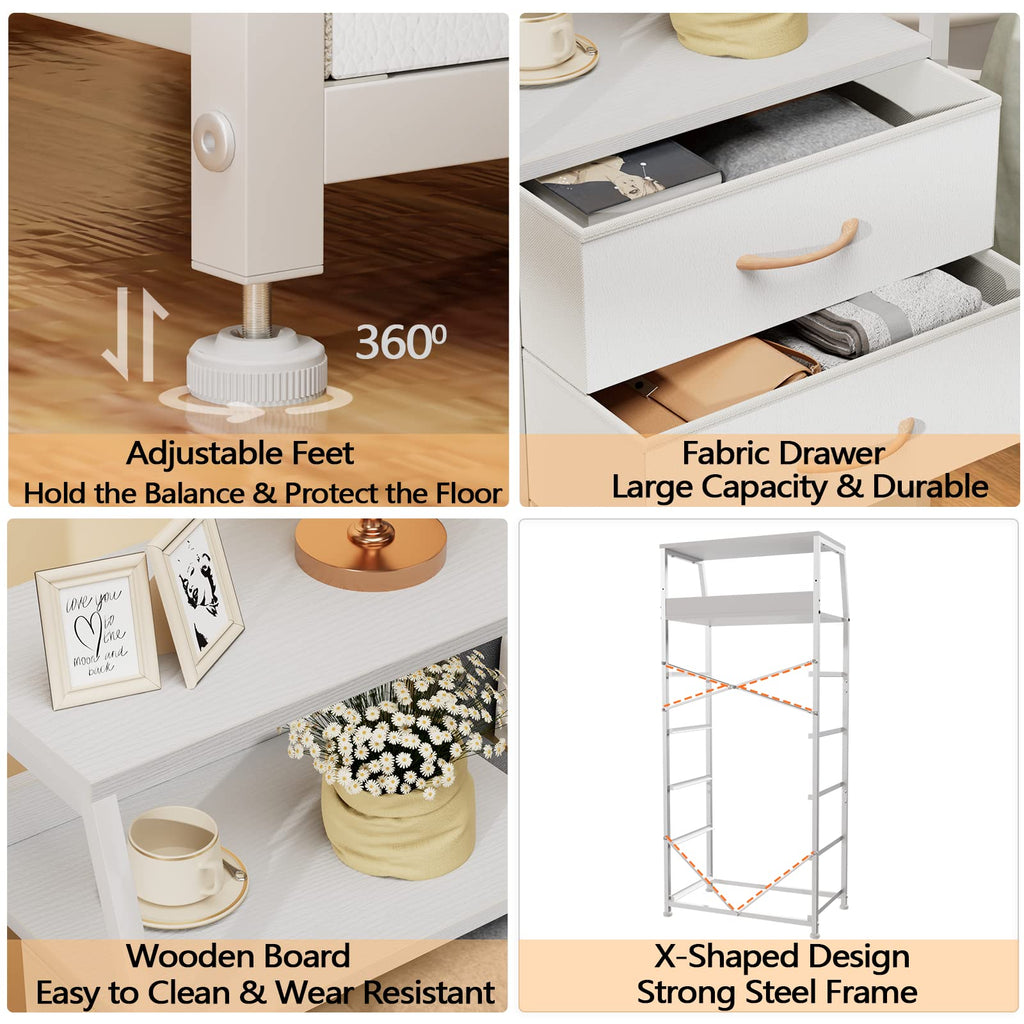 Furnulem White Dresser with 5 Drawers, Vertical Storage Tower Fabric Dresser for Bedroom, Hallway, Entryway, Nursery, Closet Organizer, Nightstand Bedside Table Furniture, Sturdy Steel Frame, Wood Top - Martin Corner Bedding