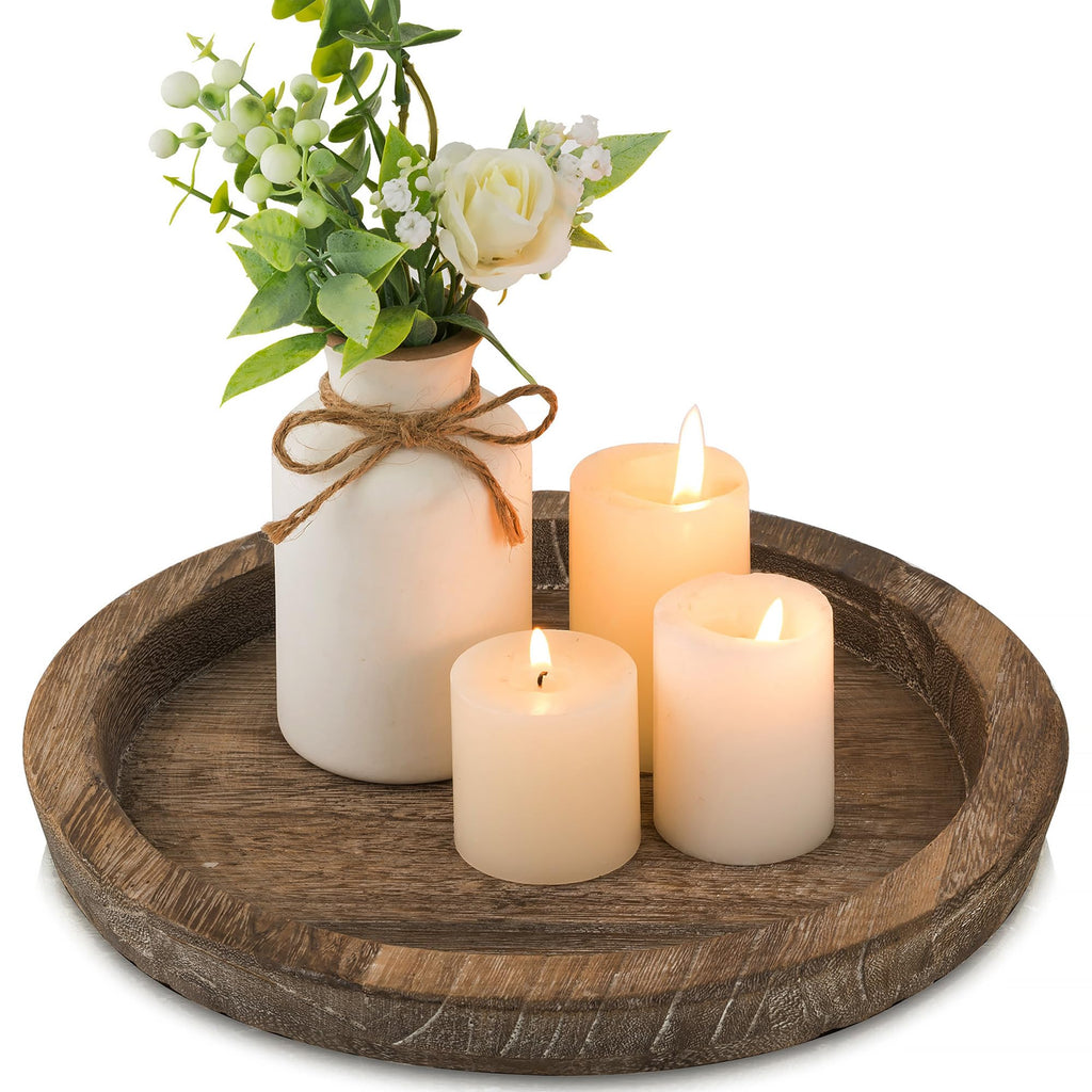 Hanobe Candle Plate Holder Tray: Round Wood Decorative Candle Plate Decor Farmhouse Table Centerpiece Rustic Wood Tealight Pillar Trays for Christmas Wedding Halloween Home Decor - Martin Corner Bedding