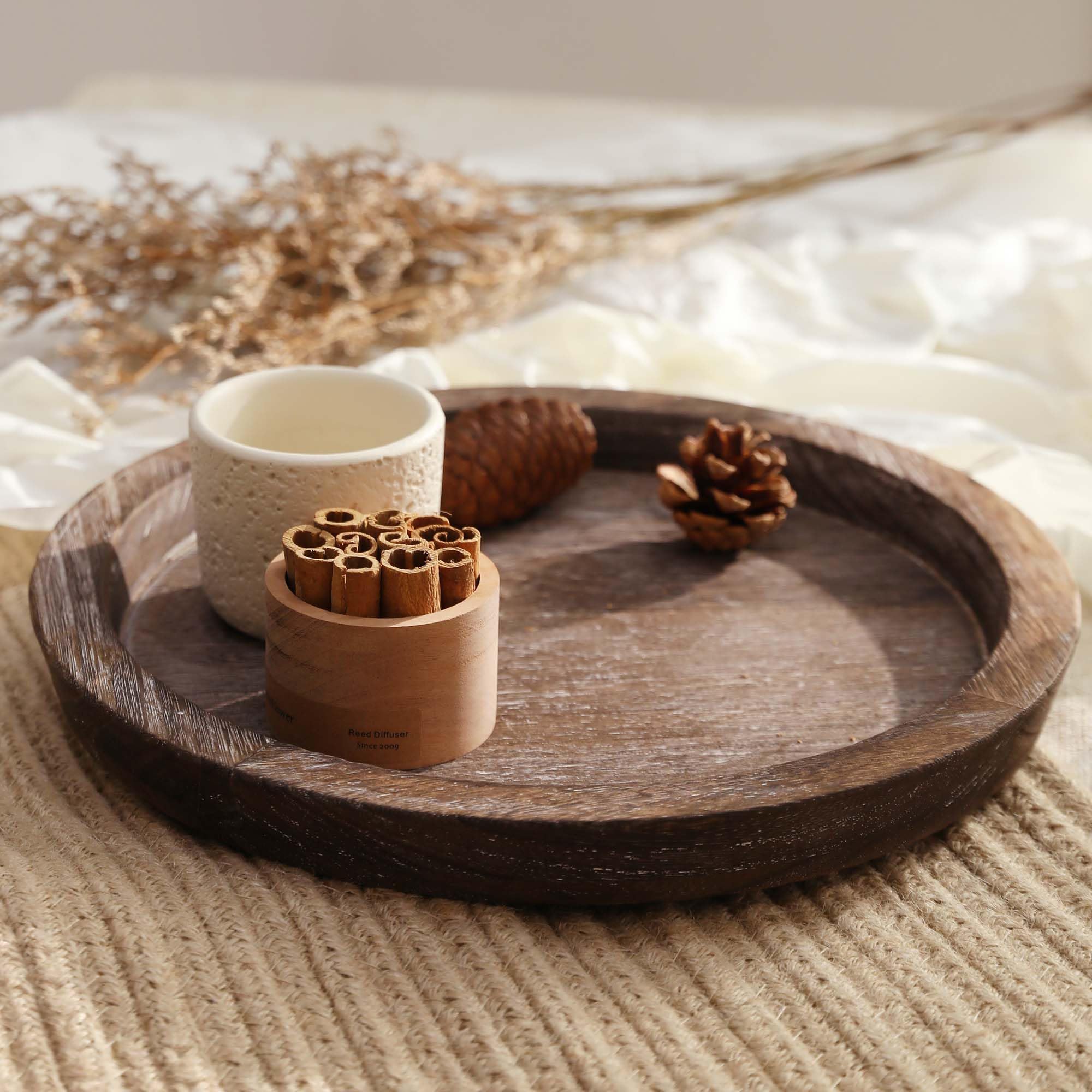 Hanobe Candle Plate Holder Tray: Round Wood Decorative Candle Plate Decor Farmhouse Table Centerpiece Rustic Wood Tealight Pillar Trays for Christmas Wedding Halloween Home Decor - Martin Corner Bedding