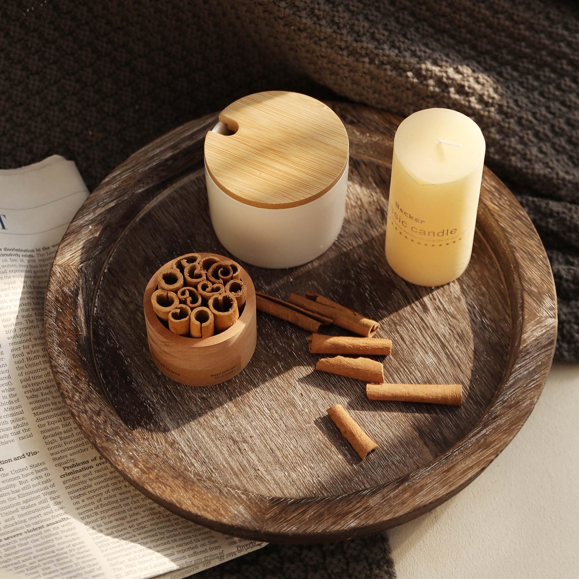 Hanobe Candle Plate Holder Tray: Round Wood Decorative Candle Plate Decor Farmhouse Table Centerpiece Rustic Wood Tealight Pillar Trays for Christmas Wedding Halloween Home Decor - Martin Corner Bedding