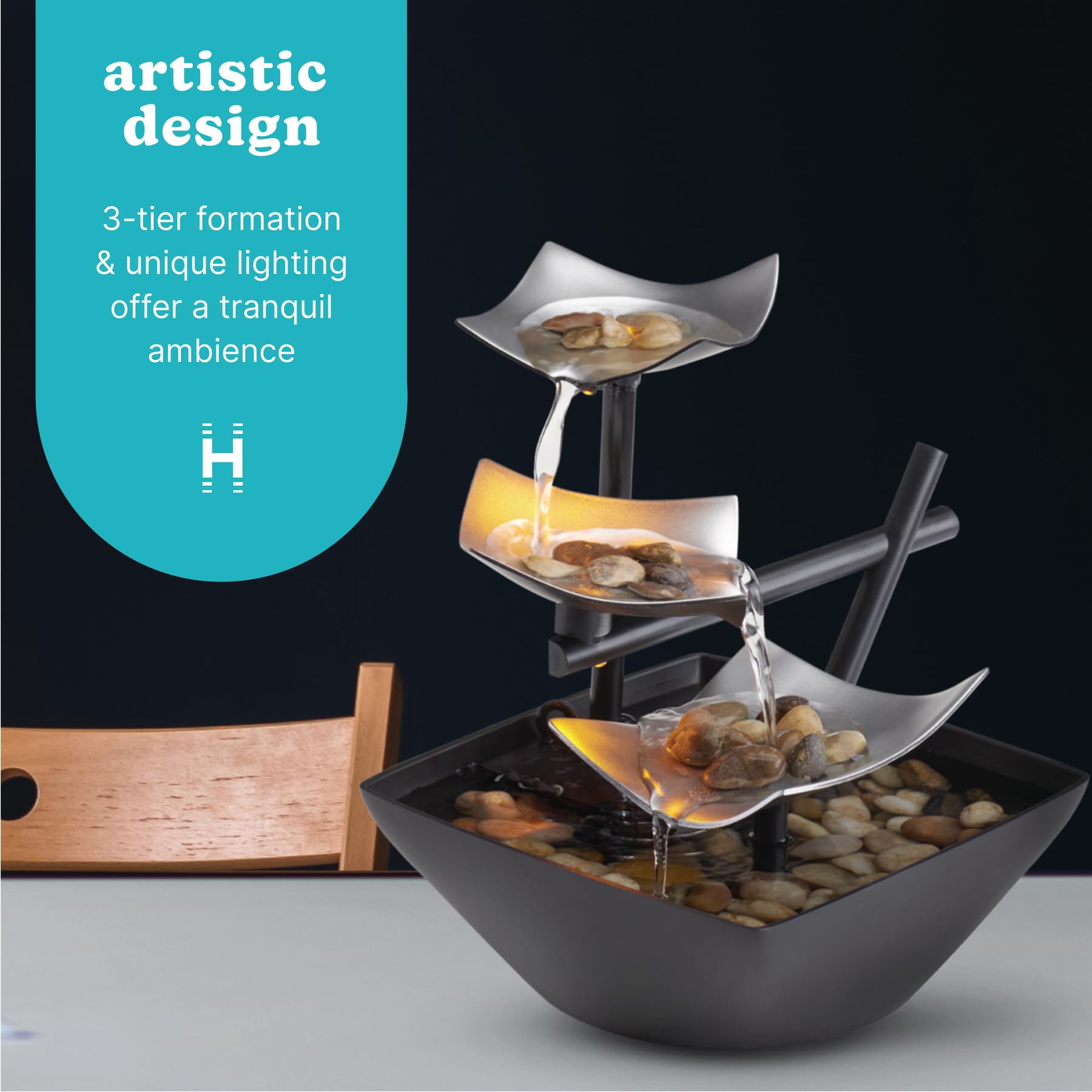 Homedics Tabletop Water Fountain, Home Décor Soothing Sound Machine - Automatic Pump, Deep Basin & Natural River Rocks. Indoor Zen Relaxation for Office, Living Room, or Bedroom, 8.25” Tall - Martin Corner Bedding