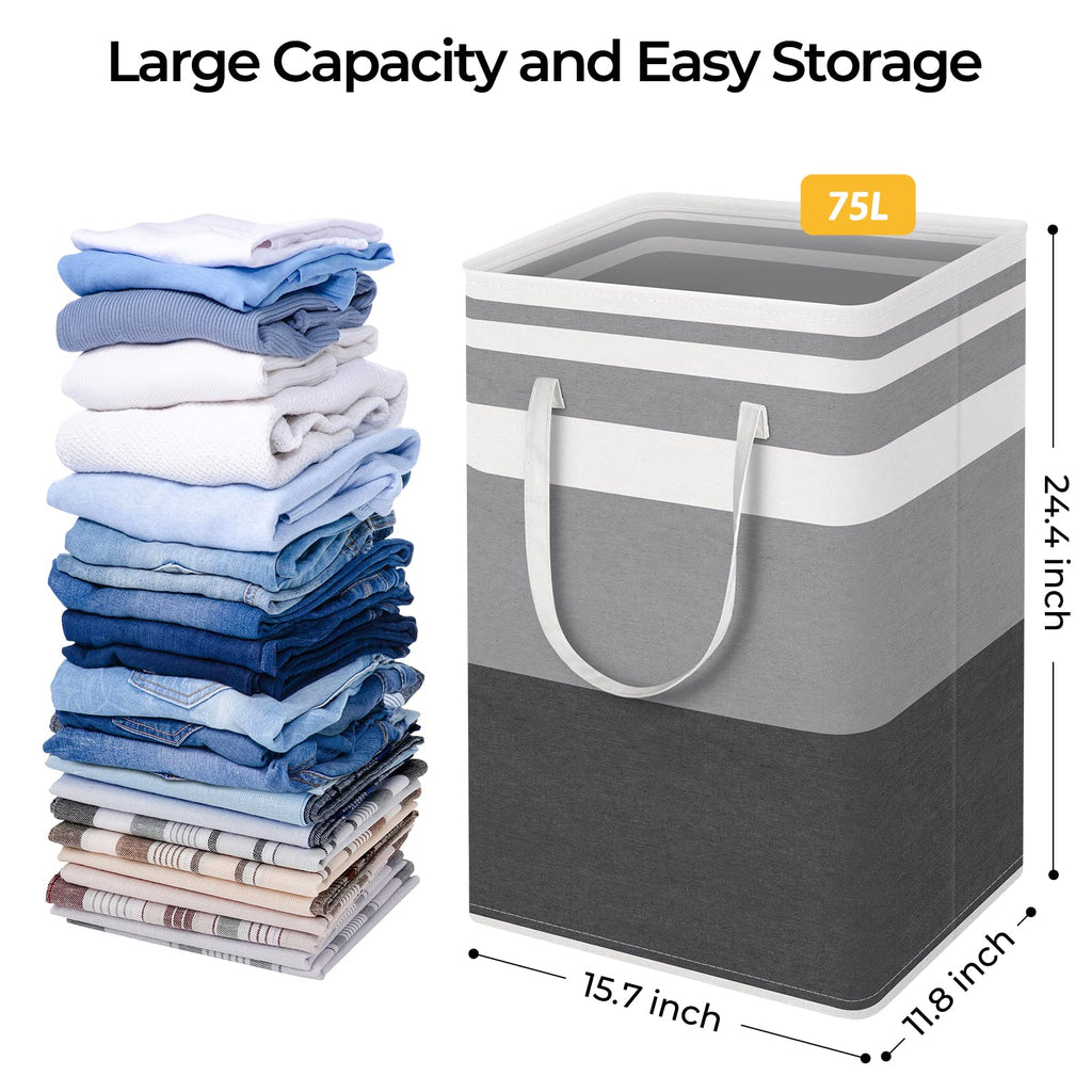 HomeHacks 2 Pack Large Laundry Baskets, Waterproof, Freestanding Laundry Hampers, Collapsible Clothes Hamper with Reinforced Handles in Laundry Room, College Dorm, Bathroom, Bedroom (Grey, 75Lx2) - Martin Corner Bedding