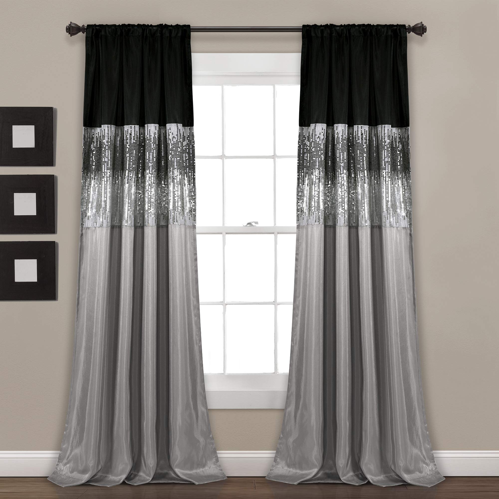 Lush Decor Night Sky Window Curtain Panel, Single 42"W x 84"L Black & Gray - Sequin Backdrop Curtain - Room Darkening Curtains For Bedroom - Glam Decor - Martin Corner Bedding