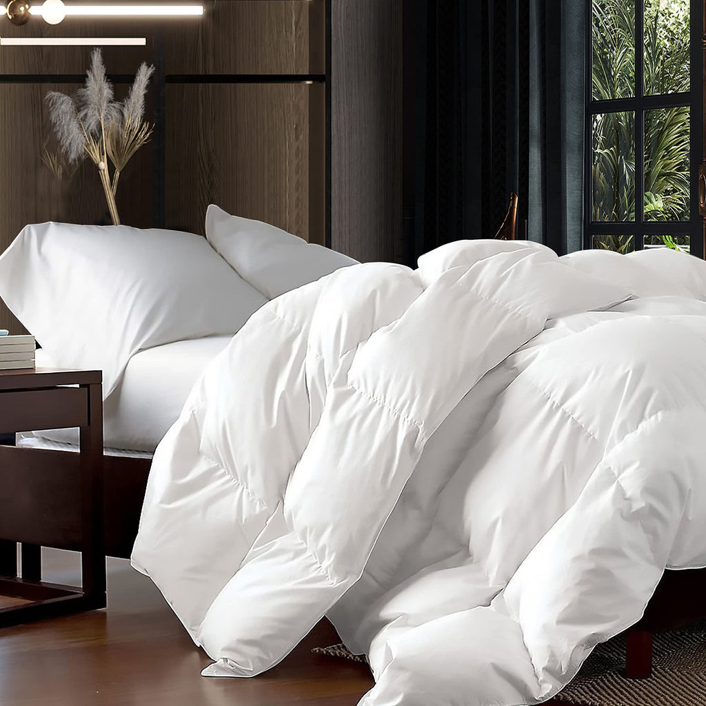 Luxurious Full Size Goose Down Fiber Waterfowl Feather Fiber Comforter Duvet, 100% Egyptian Cotton Cover, 45 oz. Fill Weight, Baffle Box Design, White Solid - Martin Corner Bedding