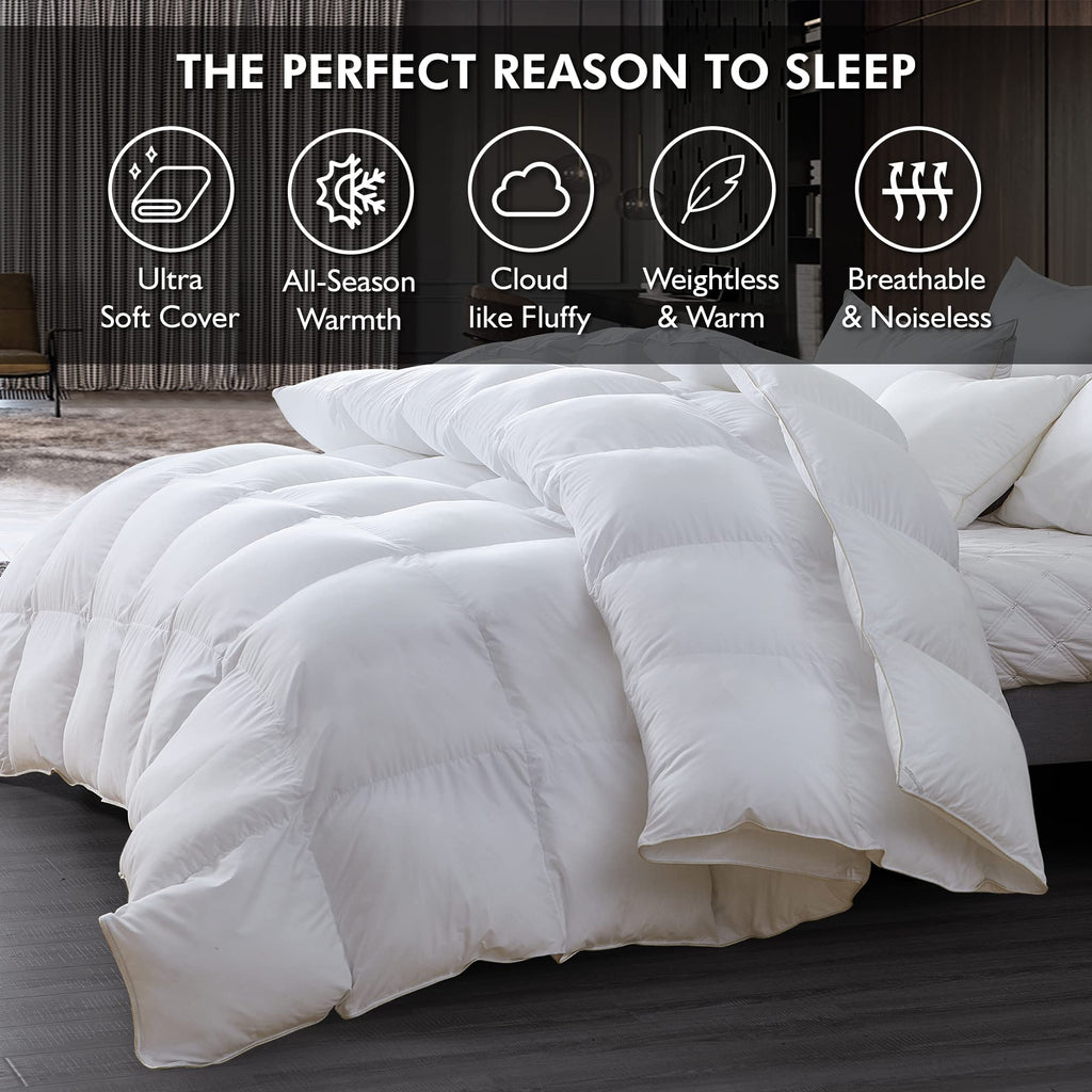 Luxurious Full Size Goose Down Fiber Waterfowl Feather Fiber Comforter Duvet, 100% Egyptian Cotton Cover, 45 oz. Fill Weight, Baffle Box Design, White Solid - Martin Corner Bedding
