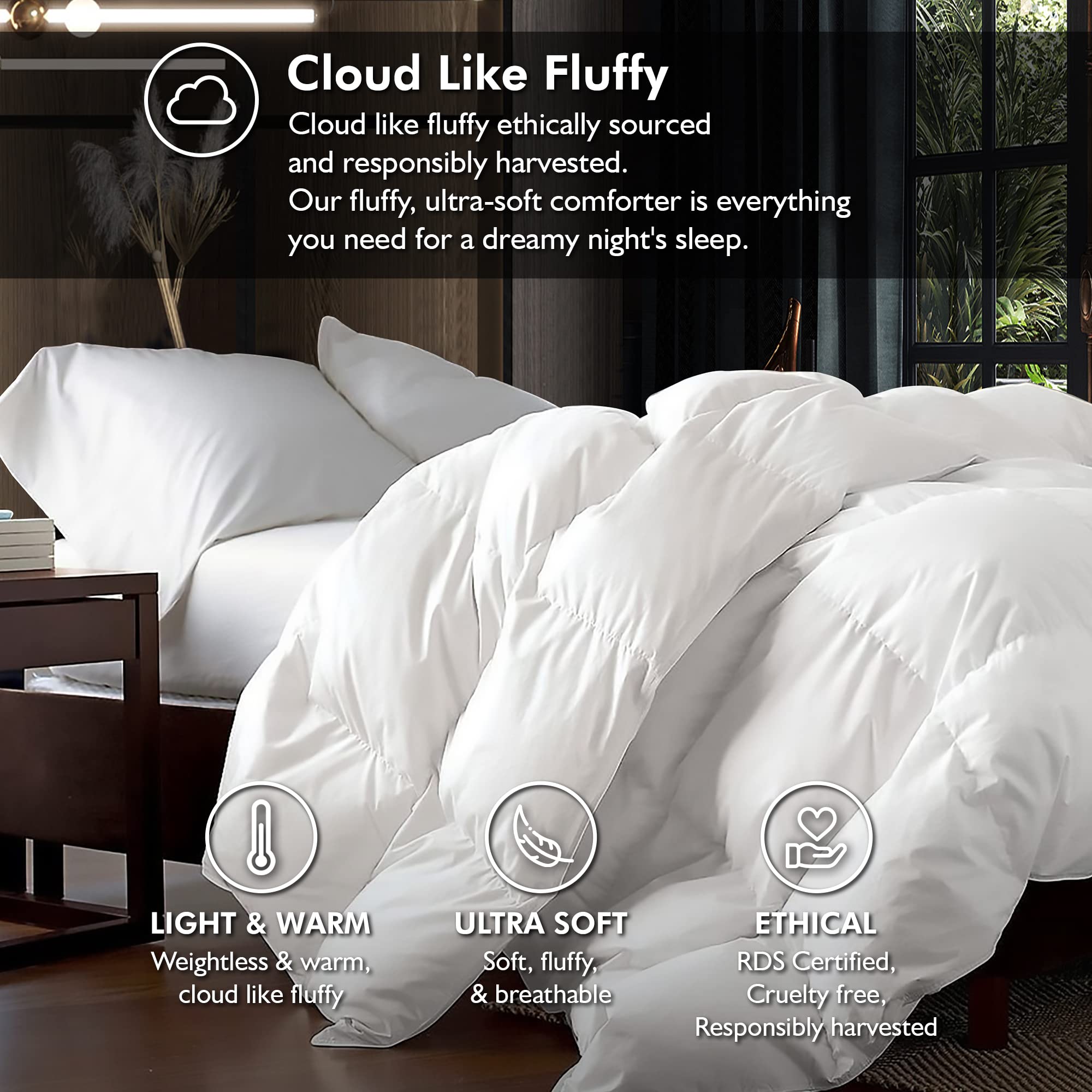 Luxurious Full Size Goose Down Fiber Waterfowl Feather Fiber Comforter Duvet, 100% Egyptian Cotton Cover, 45 oz. Fill Weight, Baffle Box Design, White Solid - Martin Corner Bedding