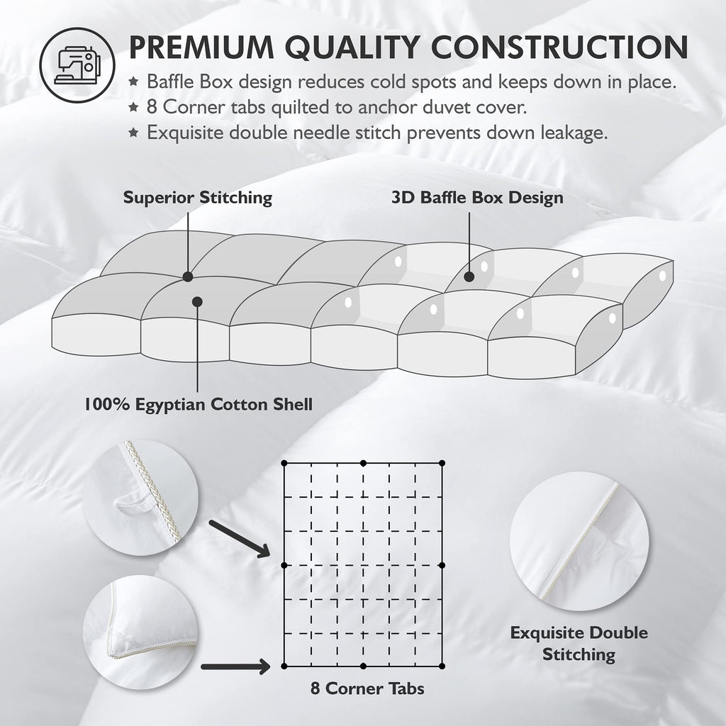 Luxurious Full Size Goose Down Fiber Waterfowl Feather Fiber Comforter Duvet, 100% Egyptian Cotton Cover, 45 oz. Fill Weight, Baffle Box Design, White Solid - Martin Corner Bedding