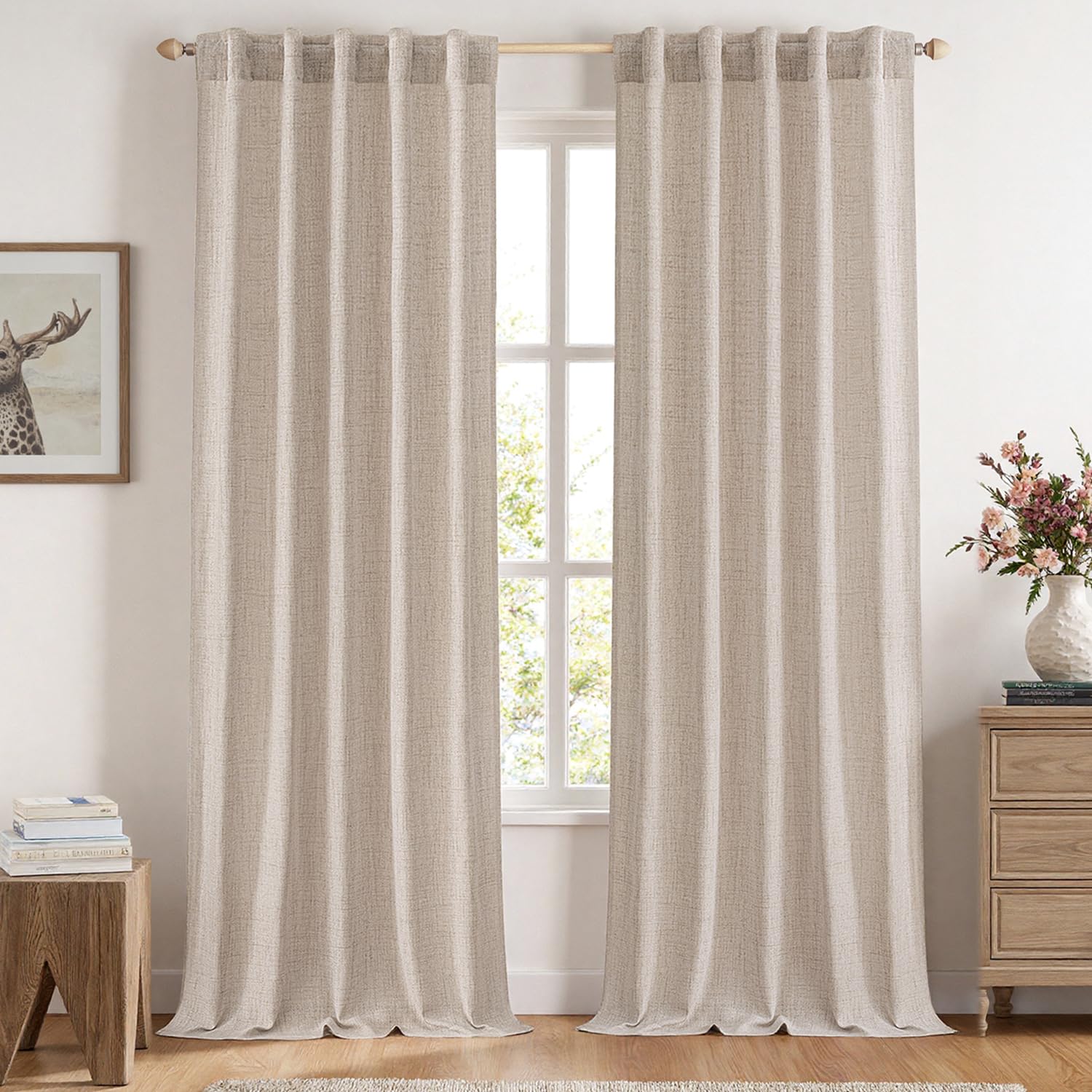 MIULEE Faux Linen Curtains 96 Inch Length 2 Panels Natural Semi Sheer Curtain with Back Tab Rod Pocket, Light Filtering Window Privacy Burlap Drapes for Living Room Bedroom 42W x 96L Linen - Martin Corner Bedding
