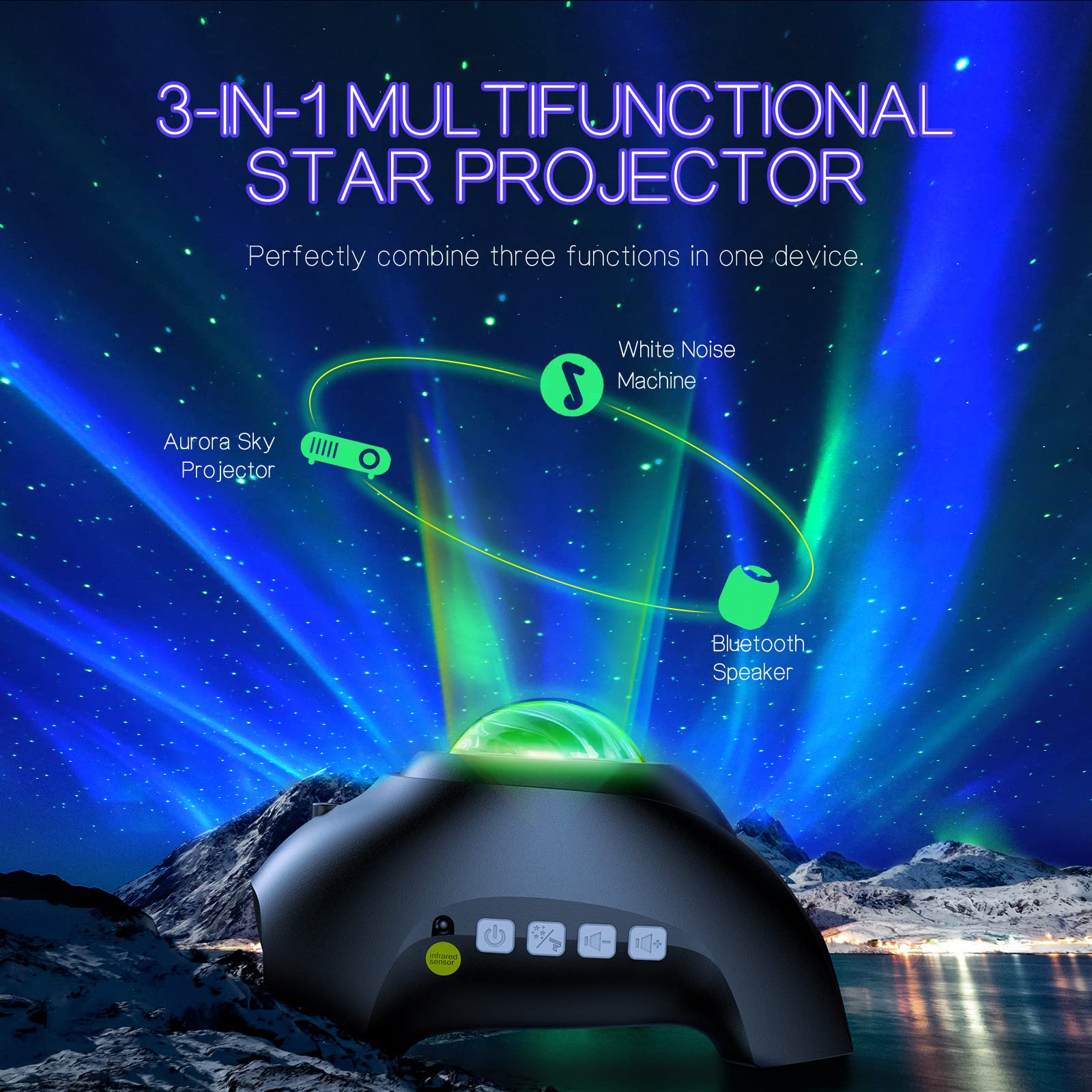 Northern Galaxy Light Aurora Projector with 33 Light Effects, LED Star Projector for Bedroom Nebula Lamp, Remote Control, White Noises, Bluetooth Speaker for Parties - Martin Corner Bedding