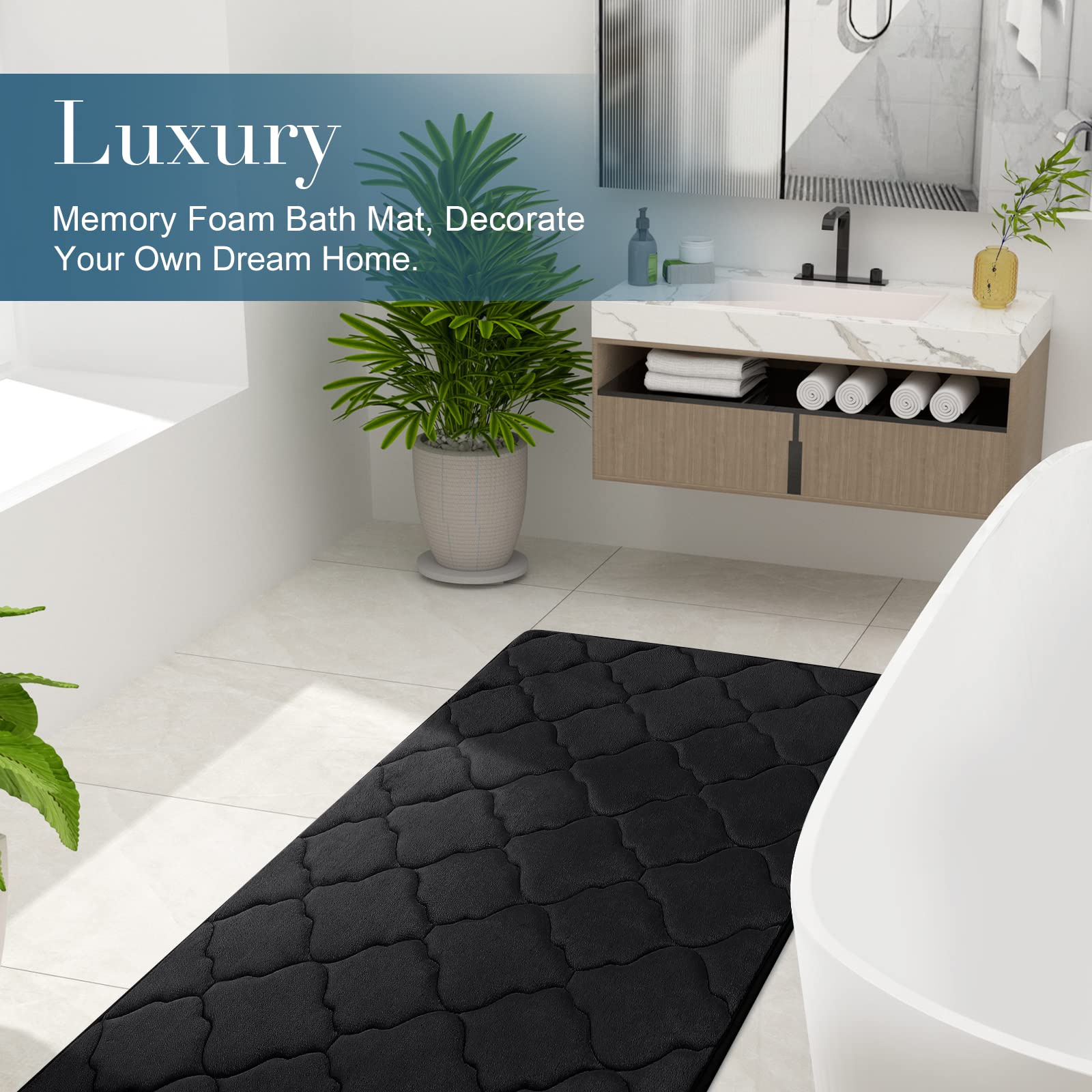 OLANLY Memory Foam Bath Mat Rug 24x16, Ultra Soft and Absorbent Bathroom Rugs, Non - Slip, Comfortable, Machine Washable Bath Carpet for Bathroom Floor, Tub, Shower and Home Decor Accessories, Black - Martin Corner Bedding