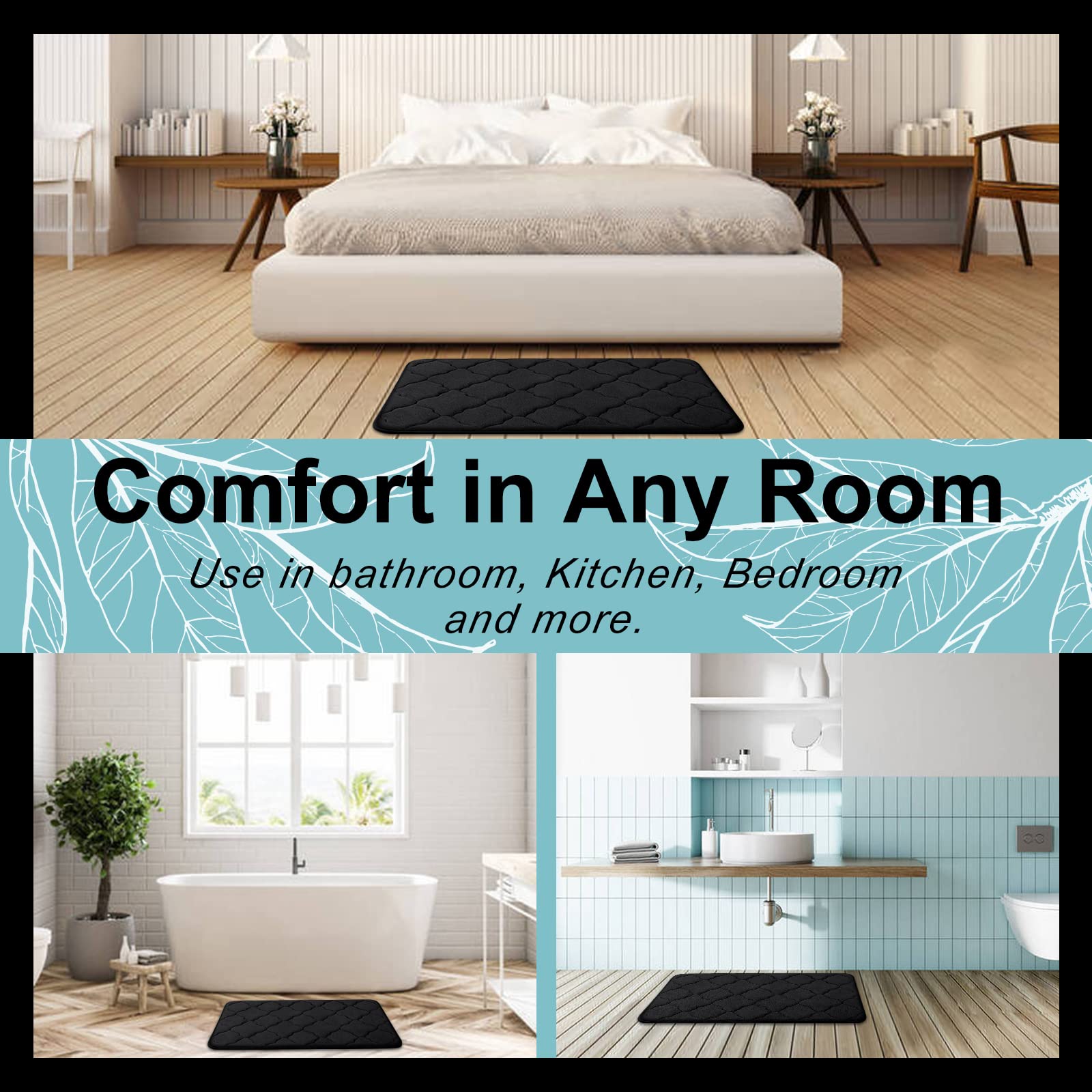 OLANLY Memory Foam Bath Mat Rug 24x16, Ultra Soft and Absorbent Bathroom Rugs, Non - Slip, Comfortable, Machine Washable Bath Carpet for Bathroom Floor, Tub, Shower and Home Decor Accessories, Black - Martin Corner Bedding