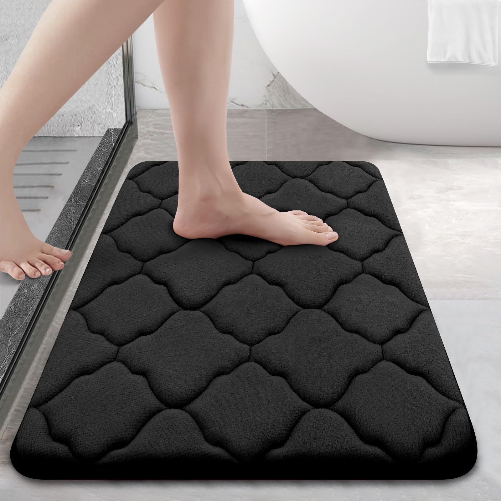 OLANLY Memory Foam Bath Mat Rug 24x16, Ultra Soft and Absorbent Bathroom Rugs, Non - Slip, Comfortable, Machine Washable Bath Carpet for Bathroom Floor, Tub, Shower and Home Decor Accessories, Black - Martin Corner Bedding