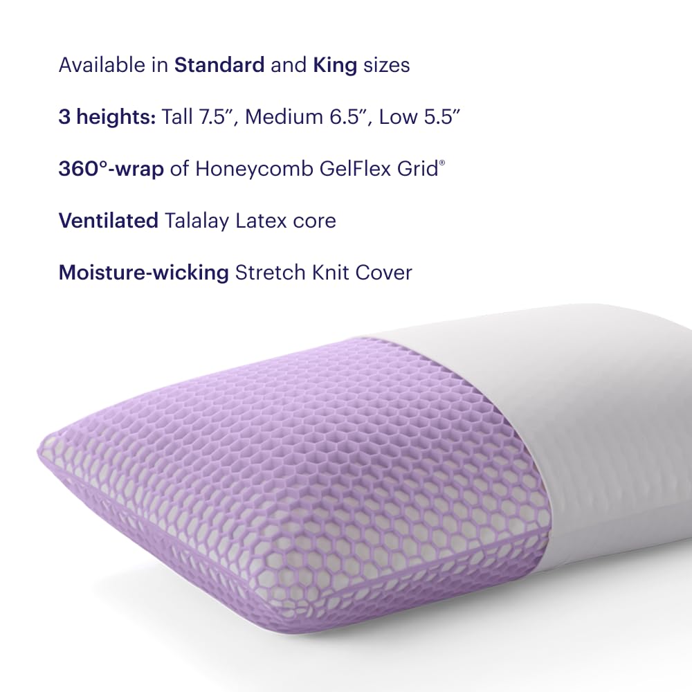 Purple Harmony Pillow - Standard Tall, Greatest Pillow Ever Invented, 360º Hex Grid & Talalay Latex Core - No Pressure Support, Stays Cool, Luxurious Comfort - Martin Corner Bedding
