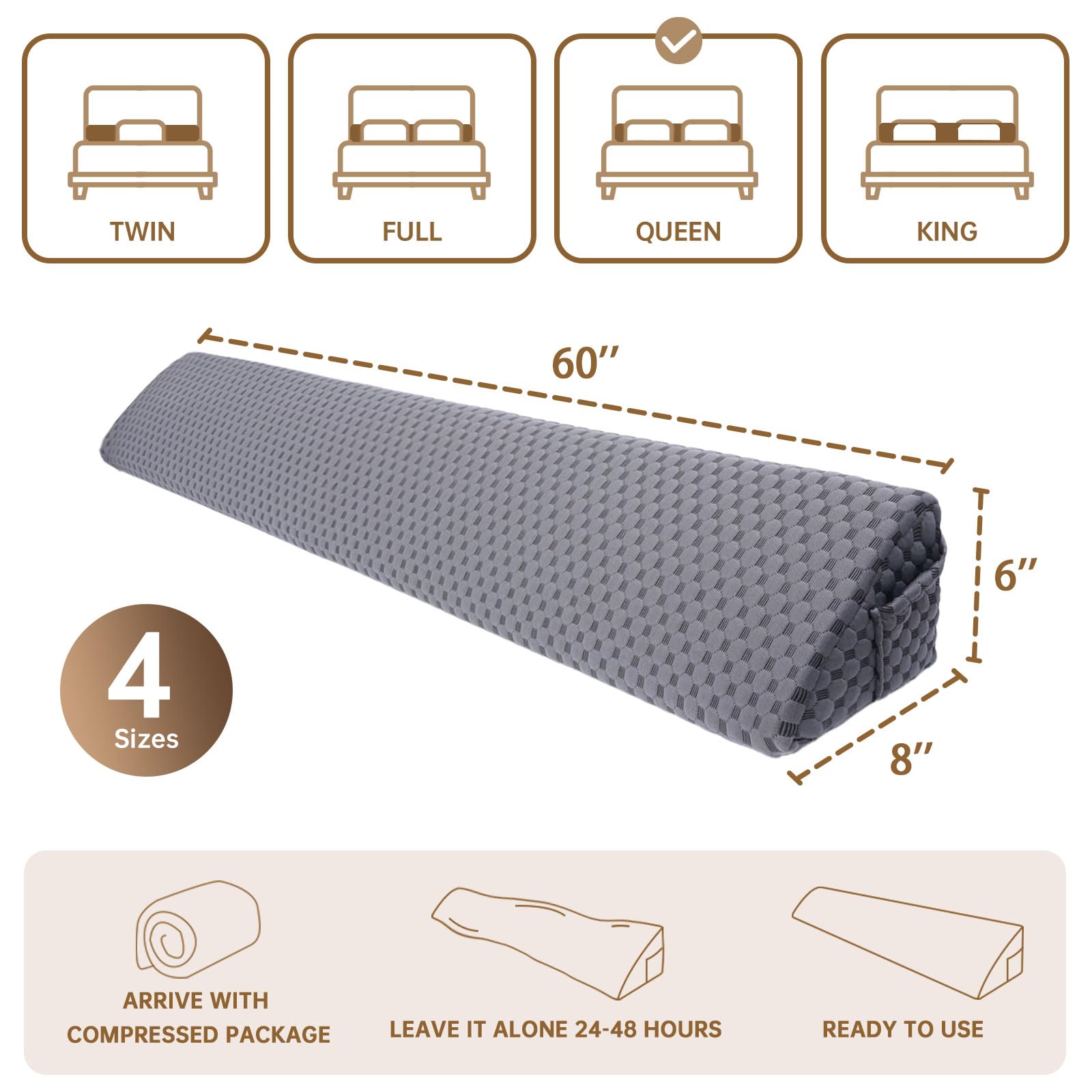 Queen Size (60"x6"x8") Bed Wedge Pillow for Headboard Mattress Gap Filler (0 - 6") for College Dorm Sleeping, White - Martin Corner Bedding