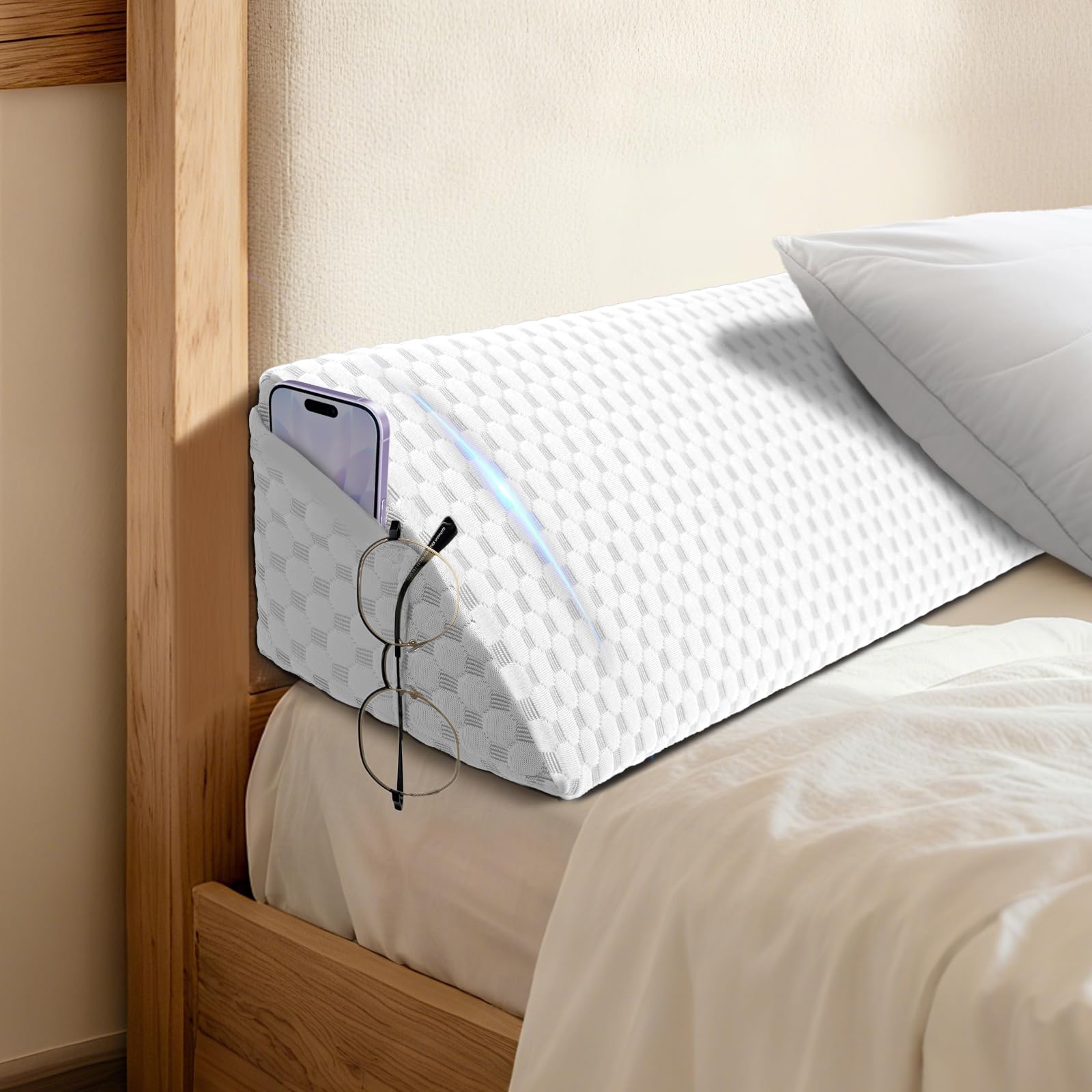 Queen Size (60"x6"x8") Bed Wedge Pillow for Headboard Mattress Gap Filler (0 - 6") for College Dorm Sleeping, White - Martin Corner Bedding