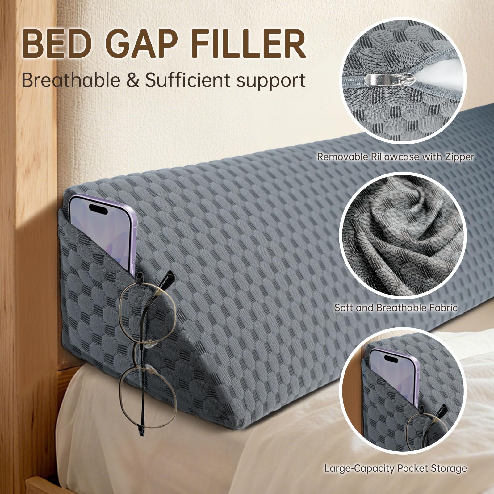 Queen Size (60"x6"x8") Bed Wedge Pillow for Headboard Mattress Gap Filler (0 - 6") for College Dorm Sleeping, White - Martin Corner Bedding