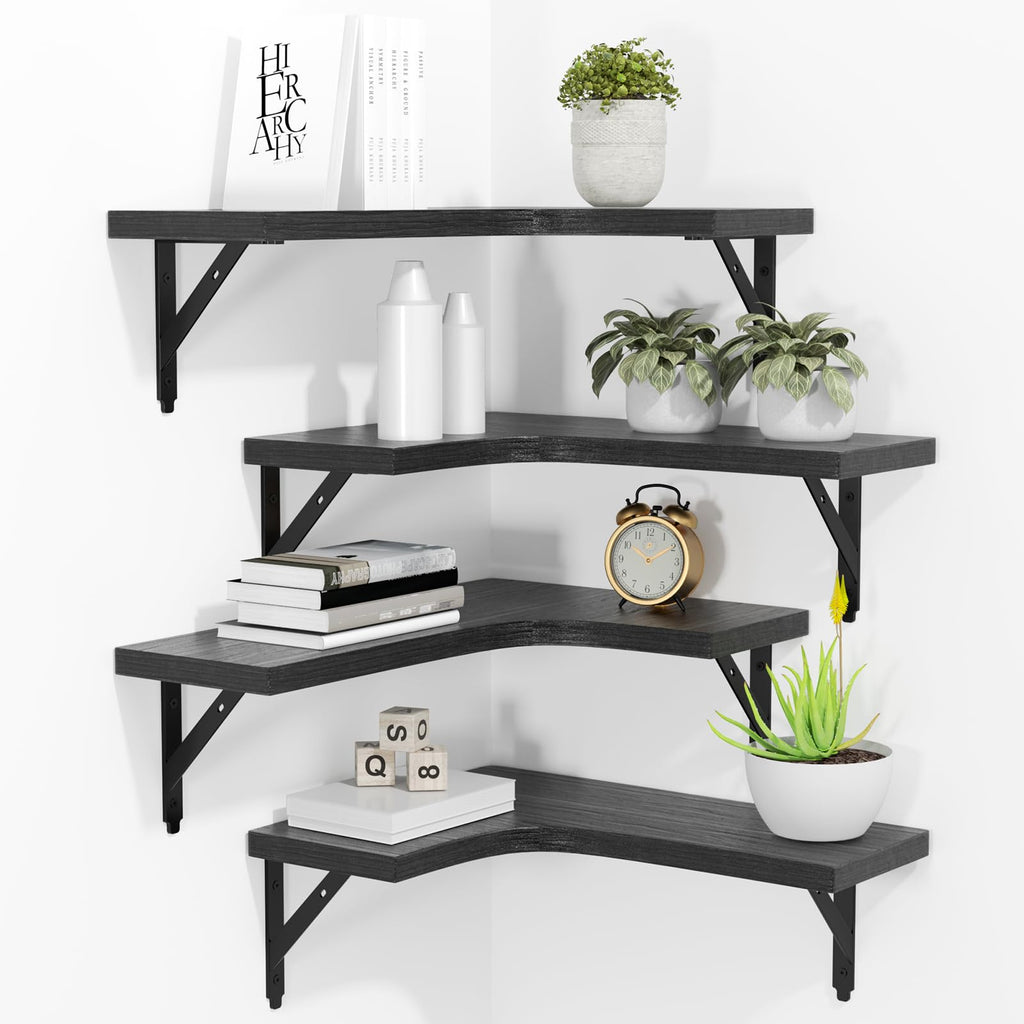 ROMGUAR CRAFT Corner Floating Shelves Wall Mounted Set of 4, Rustic Wood Storage Display Wall Shelves for Home Decor, Bathroom, Kitchen, Bedroom, Living Room, Office (Black) - Martin Corner Bedding