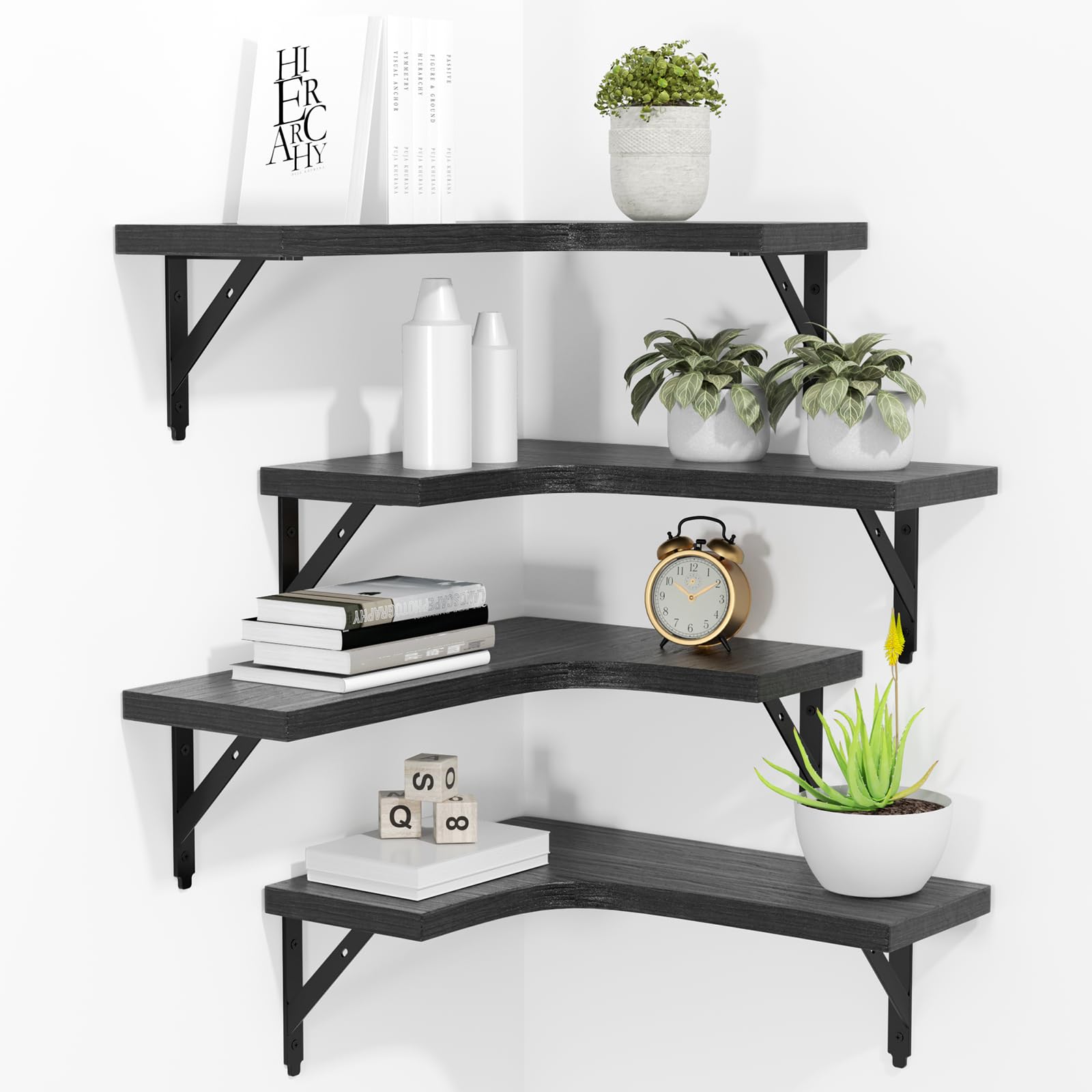 ROMGUAR CRAFT Corner Floating Shelves Wall Mounted Set of 4, Rustic Wood Storage Display Wall Shelves for Home Decor, Bathroom, Kitchen, Bedroom, Living Room, Office (Black) - Martin Corner Bedding