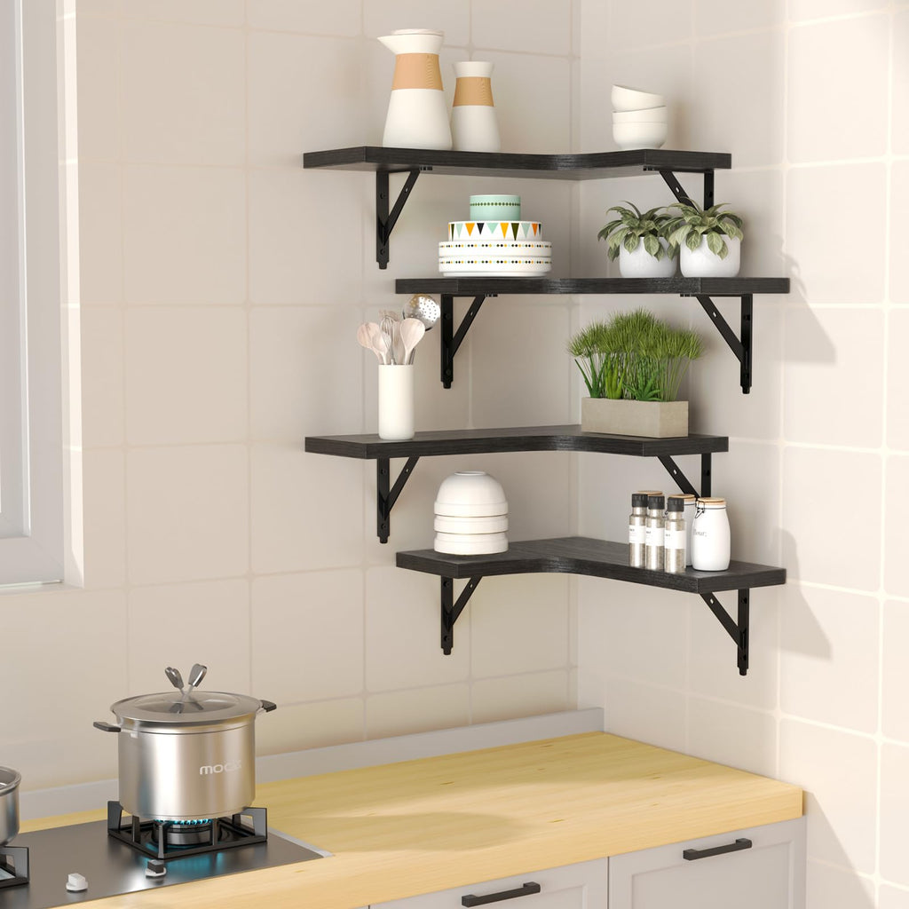 ROMGUAR CRAFT Corner Floating Shelves Wall Mounted Set of 4, Rustic Wood Storage Display Wall Shelves for Home Decor, Bathroom, Kitchen, Bedroom, Living Room, Office (Black) - Martin Corner Bedding