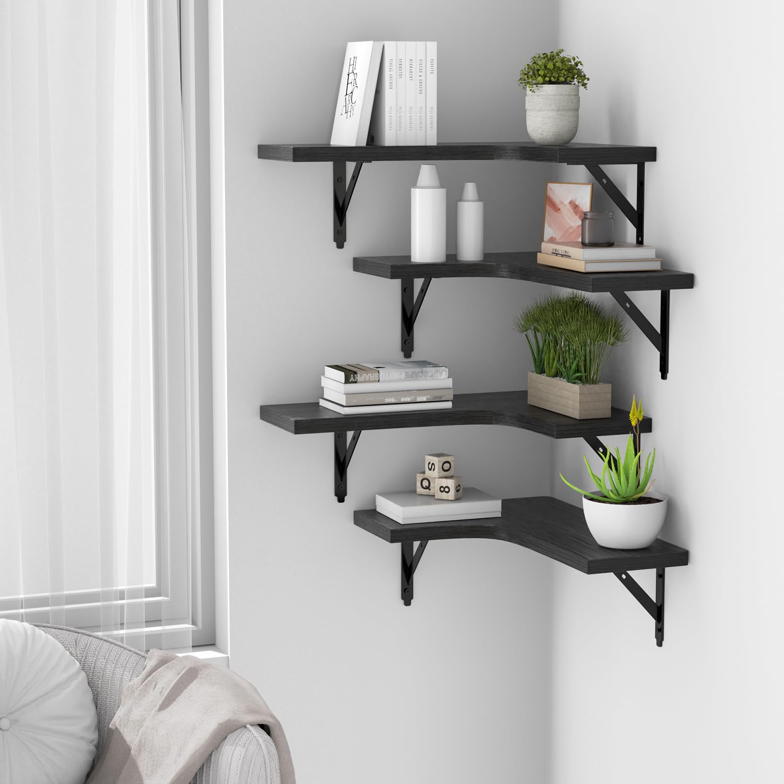 ROMGUAR CRAFT Corner Floating Shelves Wall Mounted Set of 4, Rustic Wood Storage Display Wall Shelves for Home Decor, Bathroom, Kitchen, Bedroom, Living Room, Office (Black) - Martin Corner Bedding