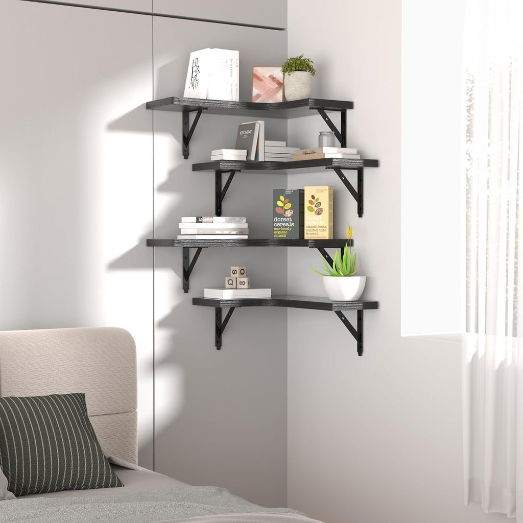 ROMGUAR CRAFT Corner Floating Shelves Wall Mounted Set of 4, Rustic Wood Storage Display Wall Shelves for Home Decor, Bathroom, Kitchen, Bedroom, Living Room, Office (Black) - Martin Corner Bedding