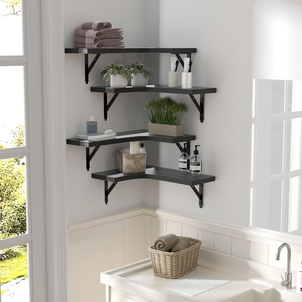 ROMGUAR CRAFT Corner Floating Shelves Wall Mounted Set of 4, Rustic Wood Storage Display Wall Shelves for Home Decor, Bathroom, Kitchen, Bedroom, Living Room, Office (Black) - Martin Corner Bedding