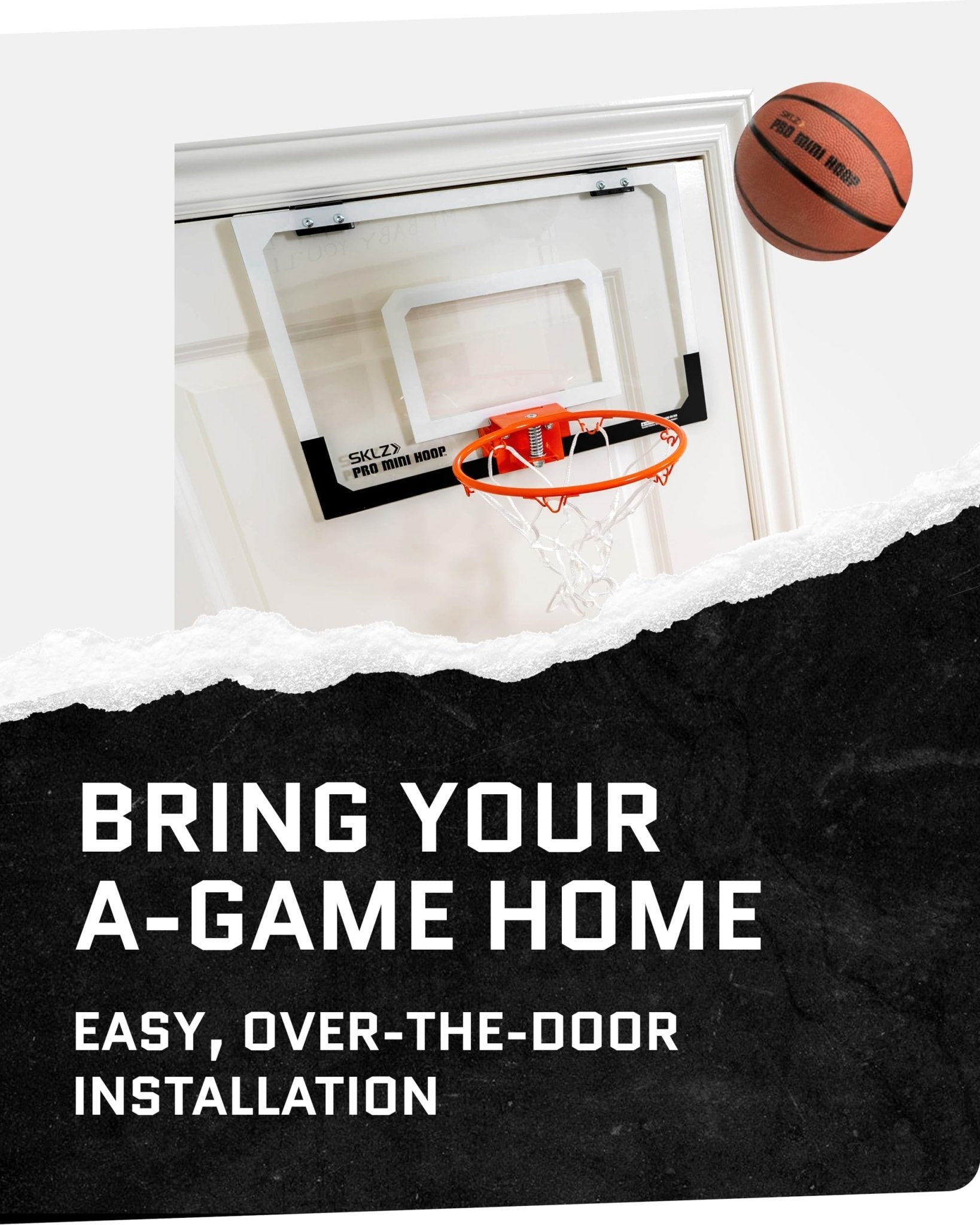 SKLZ Pro Mini Basketball Hoop - 18" x 12" Clear, Shatterproof Backboard, Breakaway Rim, Heavy Duty Net, & 5" Ball - Easy Mount Padded, Slide - On Over - Door Mounts - Suitable for Office, Dorm, Bedroom - Martin Corner Bedding