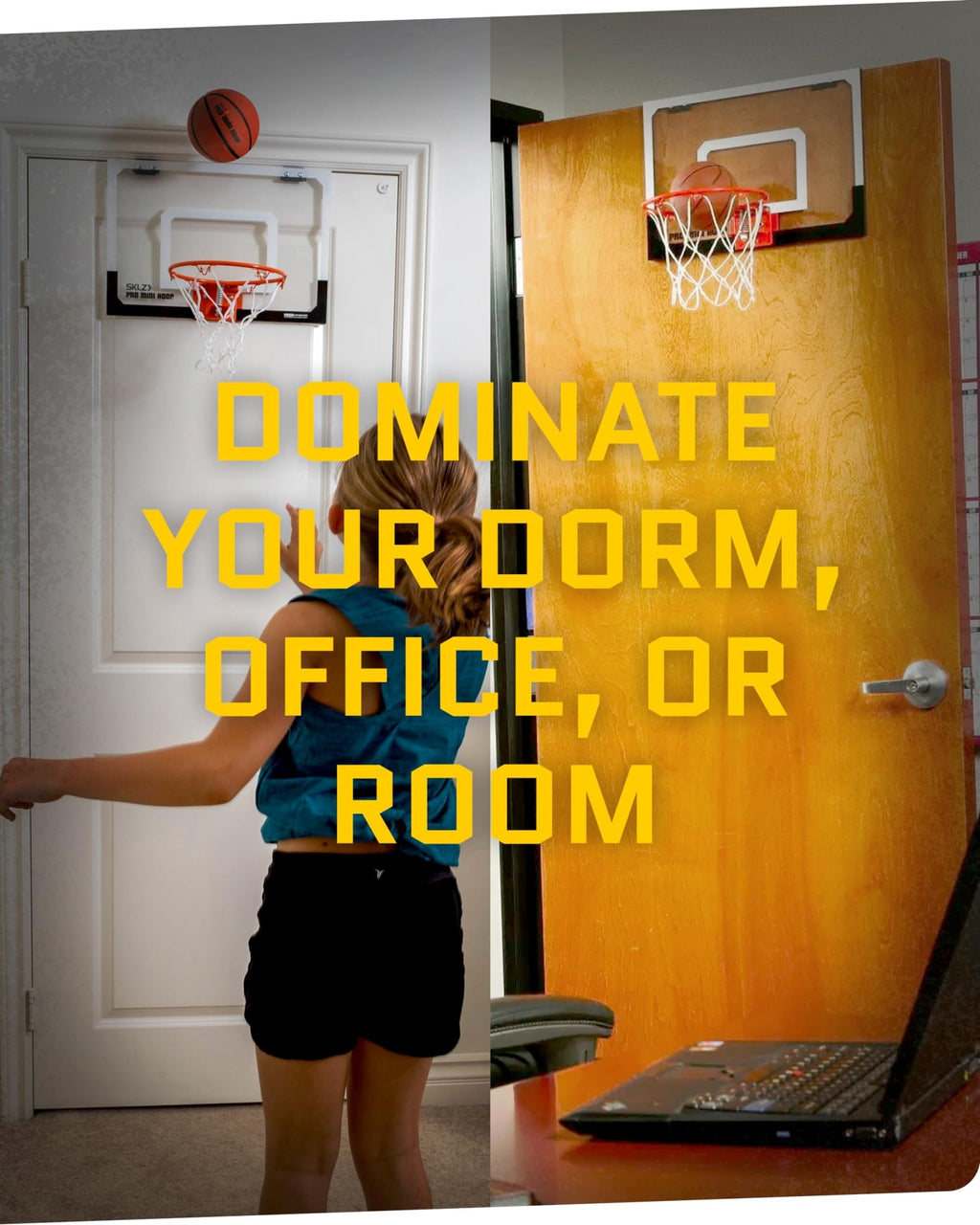 SKLZ Pro Mini Basketball Hoop - 18" x 12" Clear, Shatterproof Backboard, Breakaway Rim, Heavy Duty Net, & 5" Ball - Easy Mount Padded, Slide - On Over - Door Mounts - Suitable for Office, Dorm, Bedroom - Martin Corner Bedding