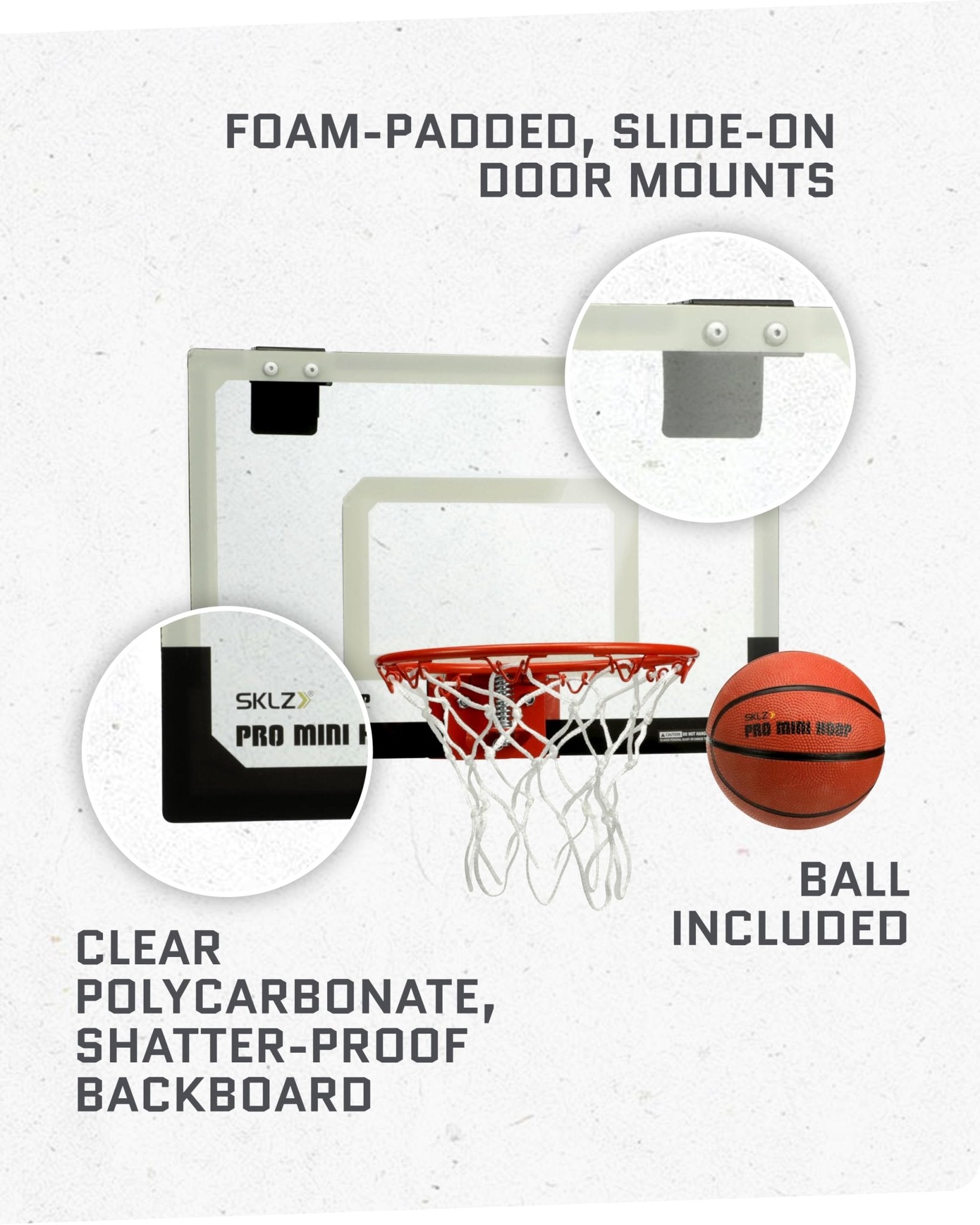 SKLZ Pro Mini Basketball Hoop - 18" x 12" Clear, Shatterproof Backboard, Breakaway Rim, Heavy Duty Net, & 5" Ball - Easy Mount Padded, Slide - On Over - Door Mounts - Suitable for Office, Dorm, Bedroom - Martin Corner Bedding