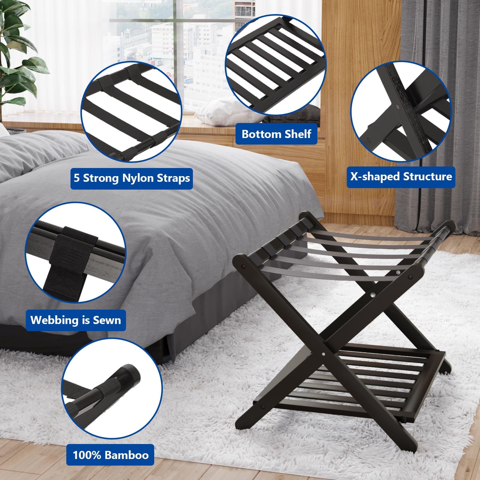 Smuxee Fully Assembled Luggage Rack for Guest Room, Upgraded Bamboo Foldable Suitcase Stand with 5 Nylon Straps, Luggage Holder with Shelf for Bedroom Hotel - Martin Corner Bedding