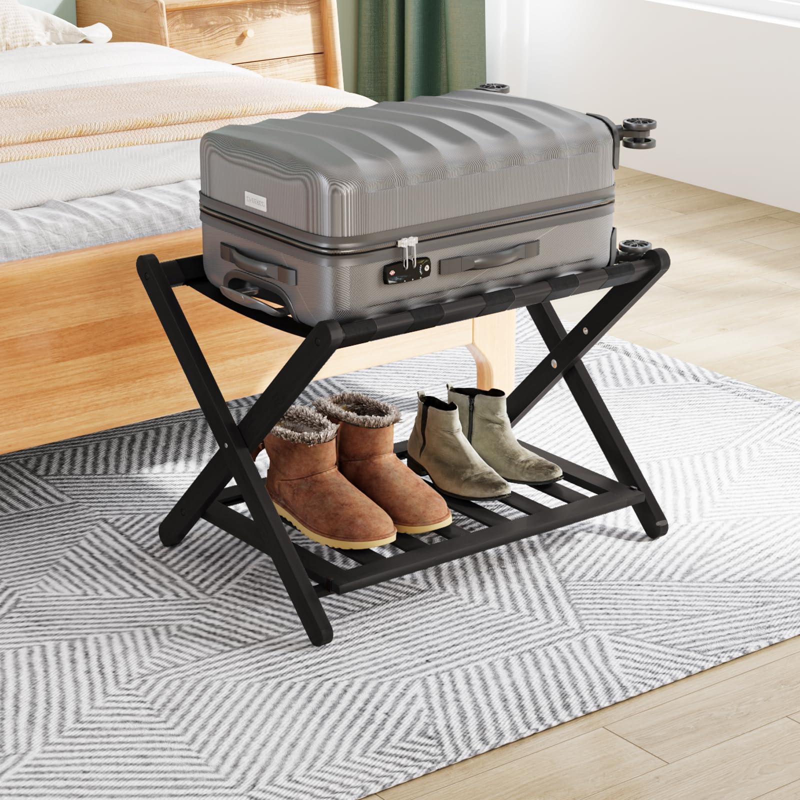 Smuxee Fully Assembled Luggage Rack for Guest Room, Upgraded Bamboo Foldable Suitcase Stand with 5 Nylon Straps, Luggage Holder with Shelf for Bedroom Hotel - Martin Corner Bedding