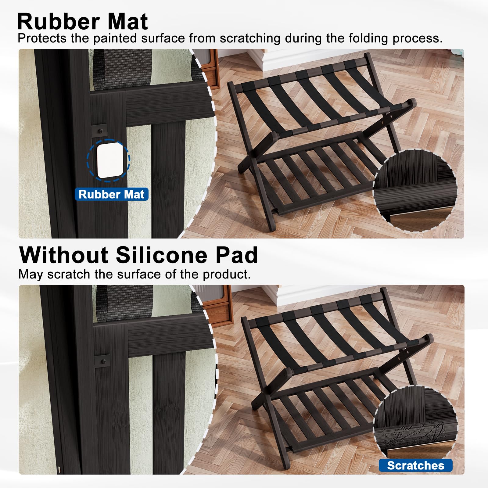 Smuxee Fully Assembled Luggage Rack for Guest Room, Upgraded Bamboo Foldable Suitcase Stand with 5 Nylon Straps, Luggage Holder with Shelf for Bedroom Hotel - Martin Corner Bedding