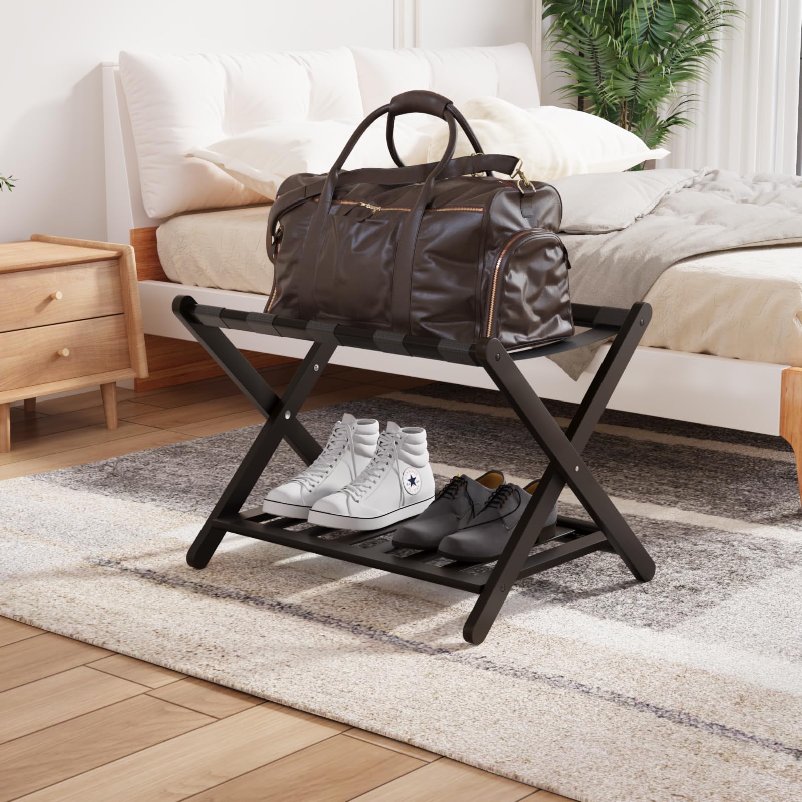 Smuxee Fully Assembled Luggage Rack for Guest Room, Upgraded Bamboo Foldable Suitcase Stand with 5 Nylon Straps, Luggage Holder with Shelf for Bedroom Hotel - Martin Corner Bedding