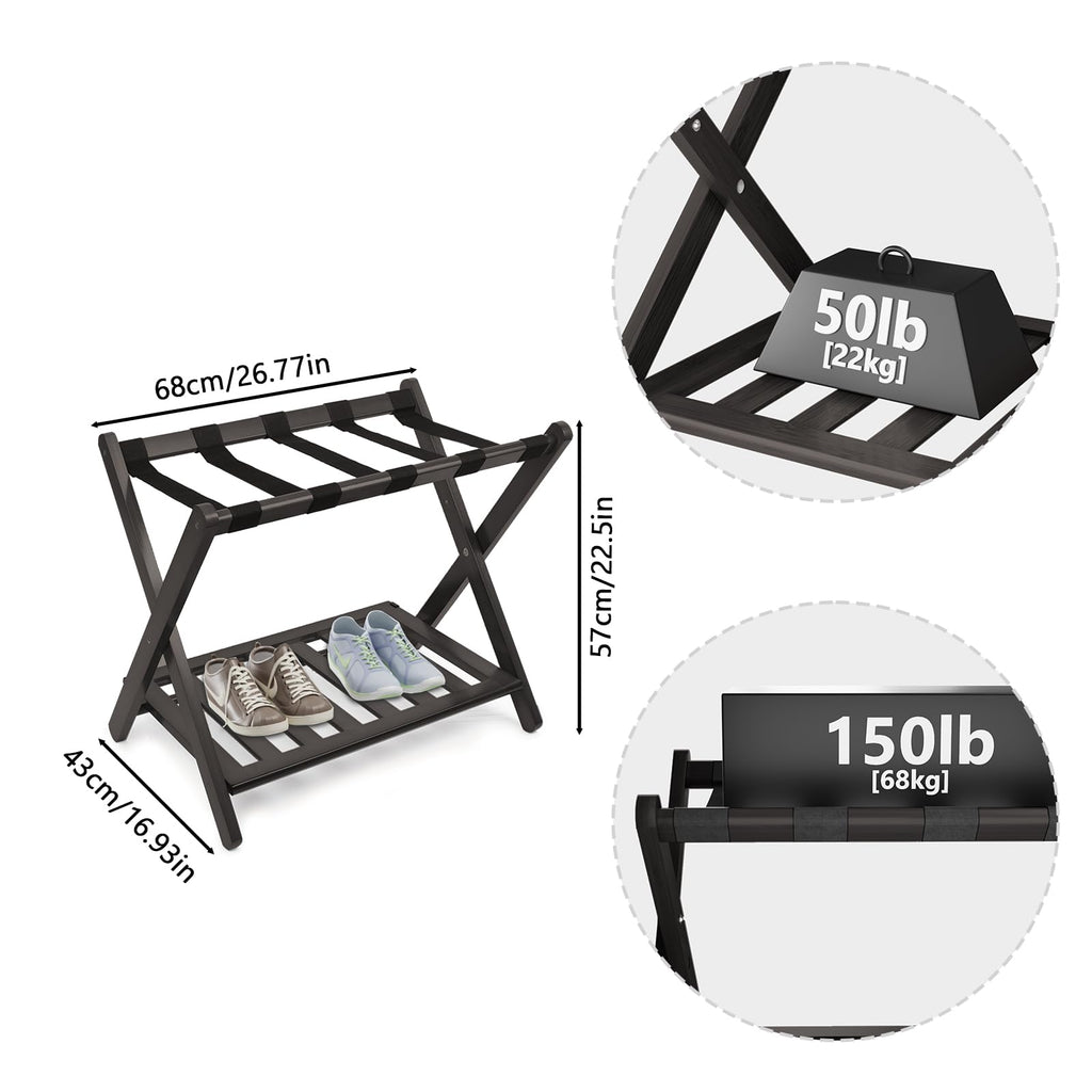 Smuxee Fully Assembled Luggage Rack for Guest Room, Upgraded Bamboo Foldable Suitcase Stand with 5 Nylon Straps, Luggage Holder with Shelf for Bedroom Hotel - Martin Corner Bedding