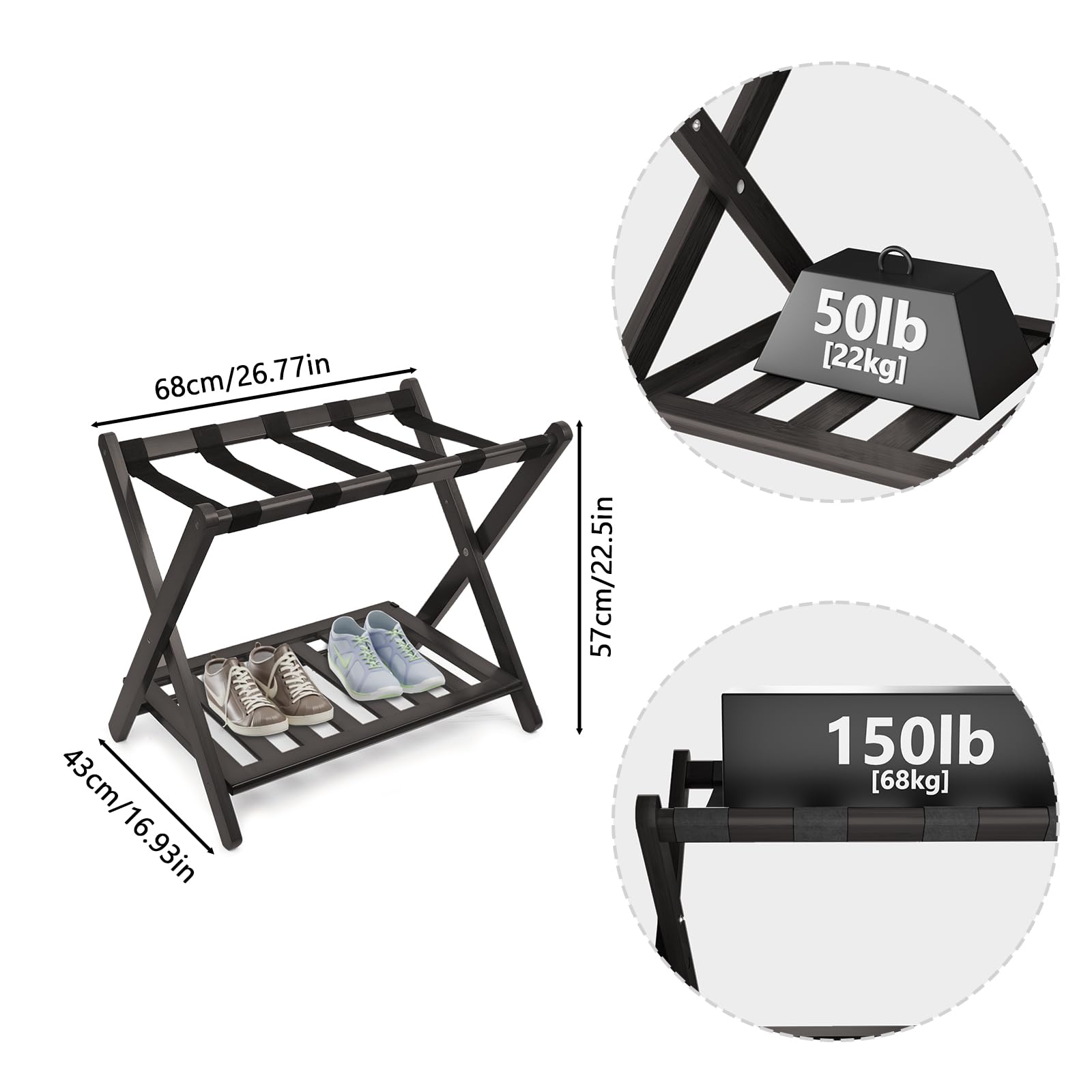 Smuxee Fully Assembled Luggage Rack for Guest Room, Upgraded Bamboo Foldable Suitcase Stand with 5 Nylon Straps, Luggage Holder with Shelf for Bedroom Hotel - Martin Corner Bedding