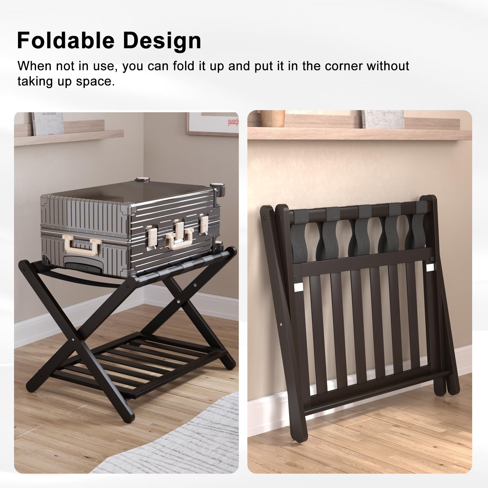 Smuxee Fully Assembled Luggage Rack for Guest Room, Upgraded Bamboo Foldable Suitcase Stand with 5 Nylon Straps, Luggage Holder with Shelf for Bedroom Hotel - Martin Corner Bedding