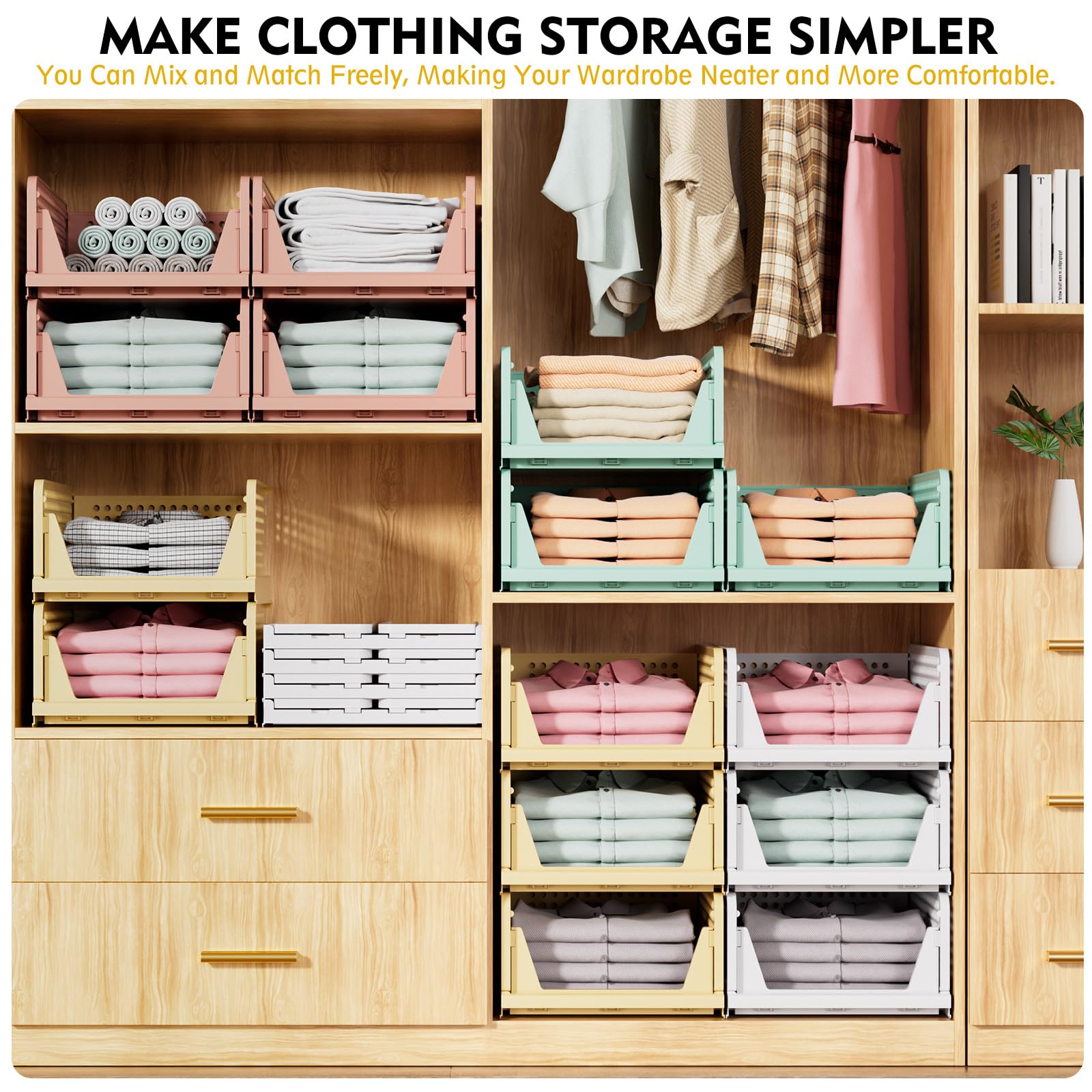 SNSLXH 5 Pack Stackable Closet Storage Basket, Multifunctional & Foldable Closet Organizer for Bathroom Kitchen Laundry Room Wardrobe Storage, Space - Saving Clothes Storage Drawer Organizer, White - Martin Corner Bedding
